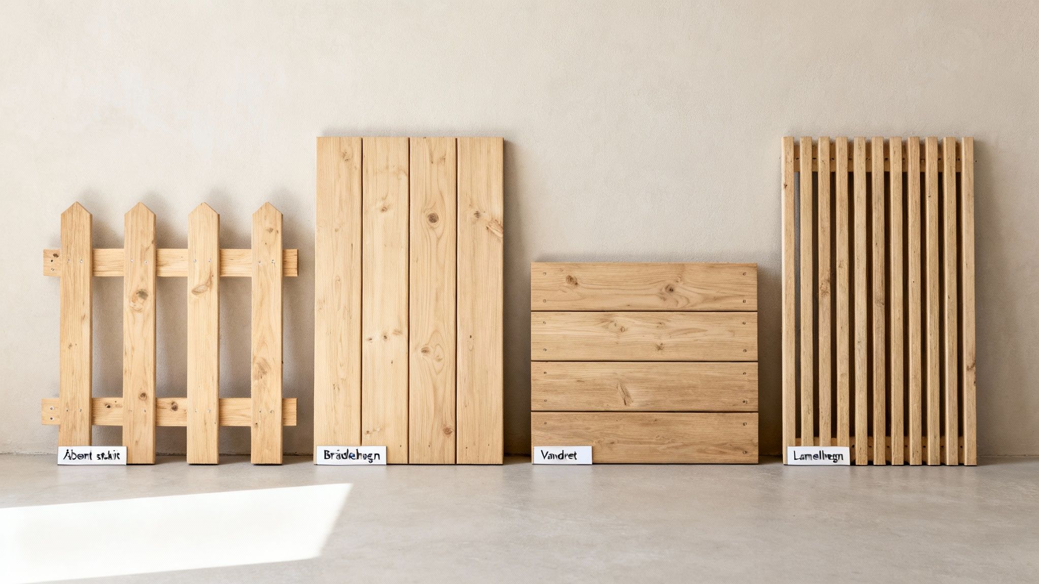 Fire eksempler på træhegn og paneler: åbent stakit, bræddehegn, vandret og lamelhegn.