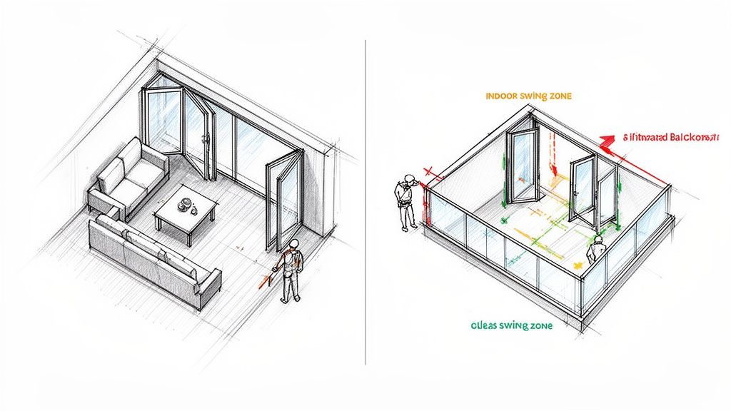 To diagrammer viser forskellen på indadgående og udadgående foldedøre i et rum og på en balkon, illustrerende pladsudnyttelse.