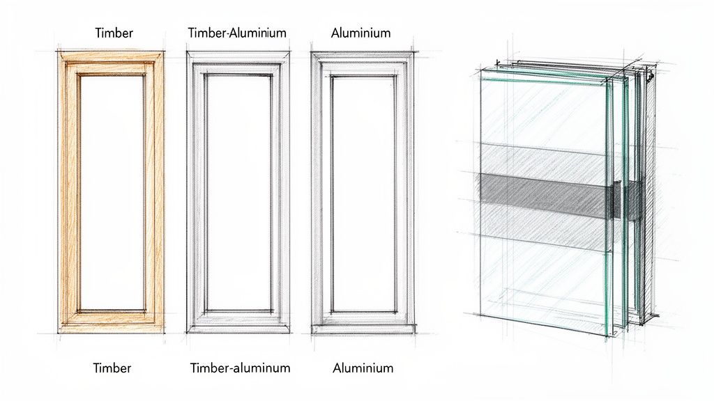 Skitser af tre vinduesrammer (træ, træ-aluminium, aluminium) og et tværsnit af isolerende glaslag.