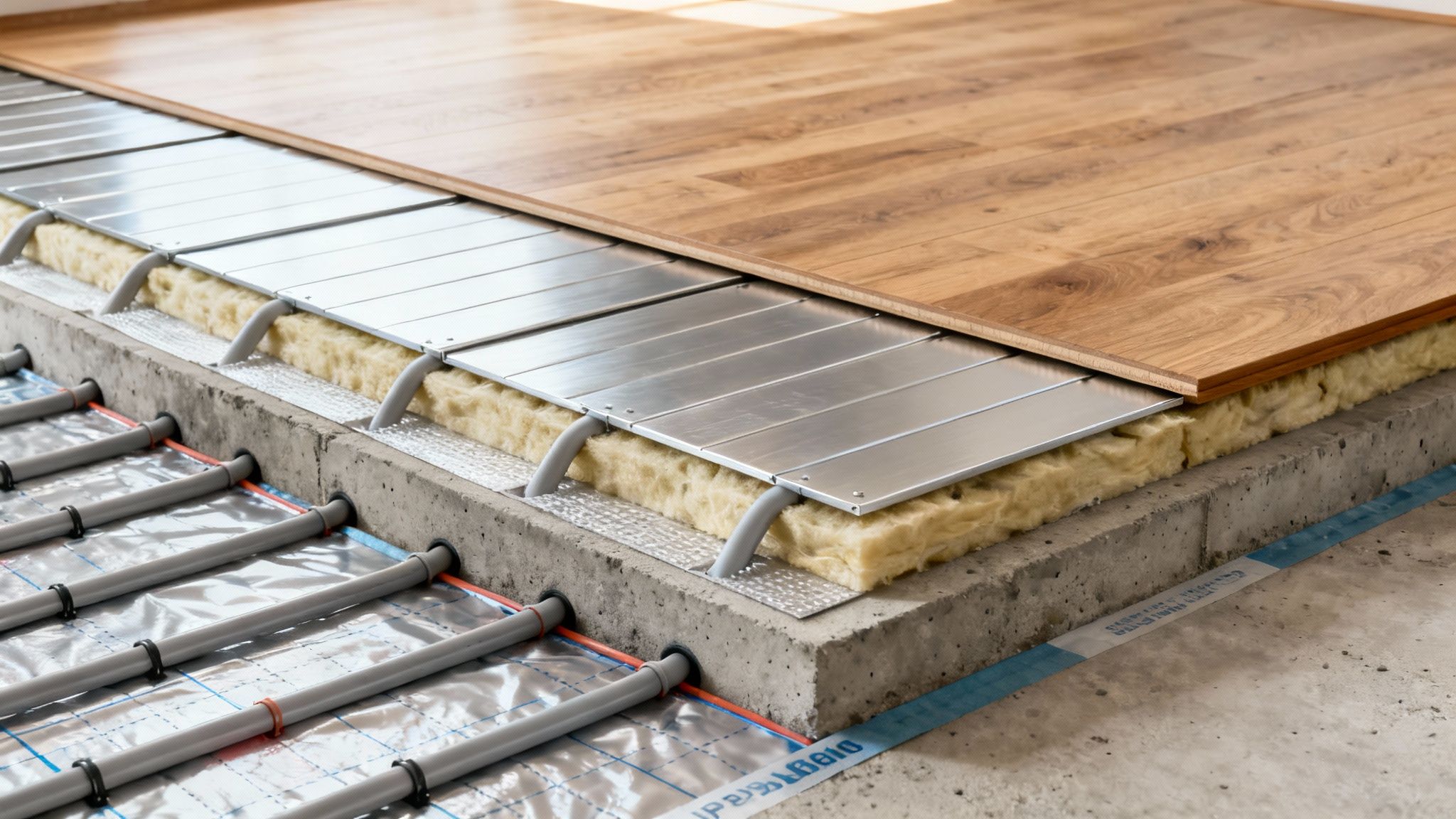 Detaljeret tværsnit af et gulv med gulvvarme, isolering, dampspærre og trægulv.