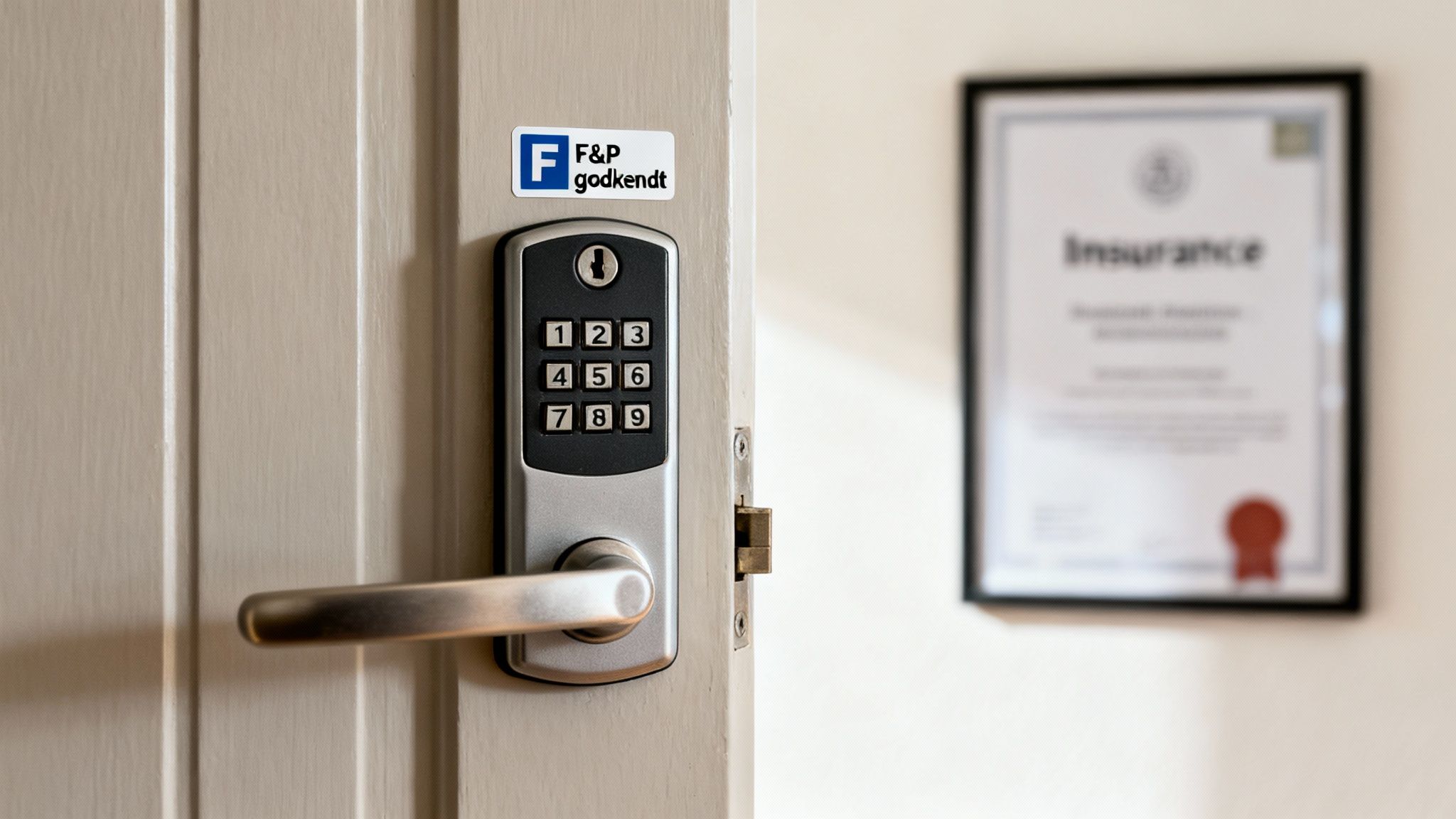 En lys dør med en digital kodelås og et håndtag. Et F&P godkendt klistermærke er synligt. I baggrunden ses et indrammet forsikringscertifikat.