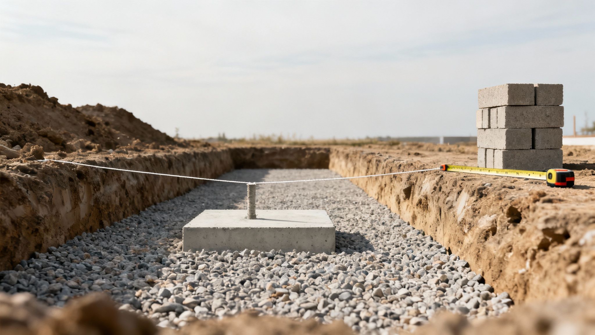 Byggeplads med udgravet fundamentgrøft, grus, betonfundament, snor og stablede lecablokke klar til opmuring.