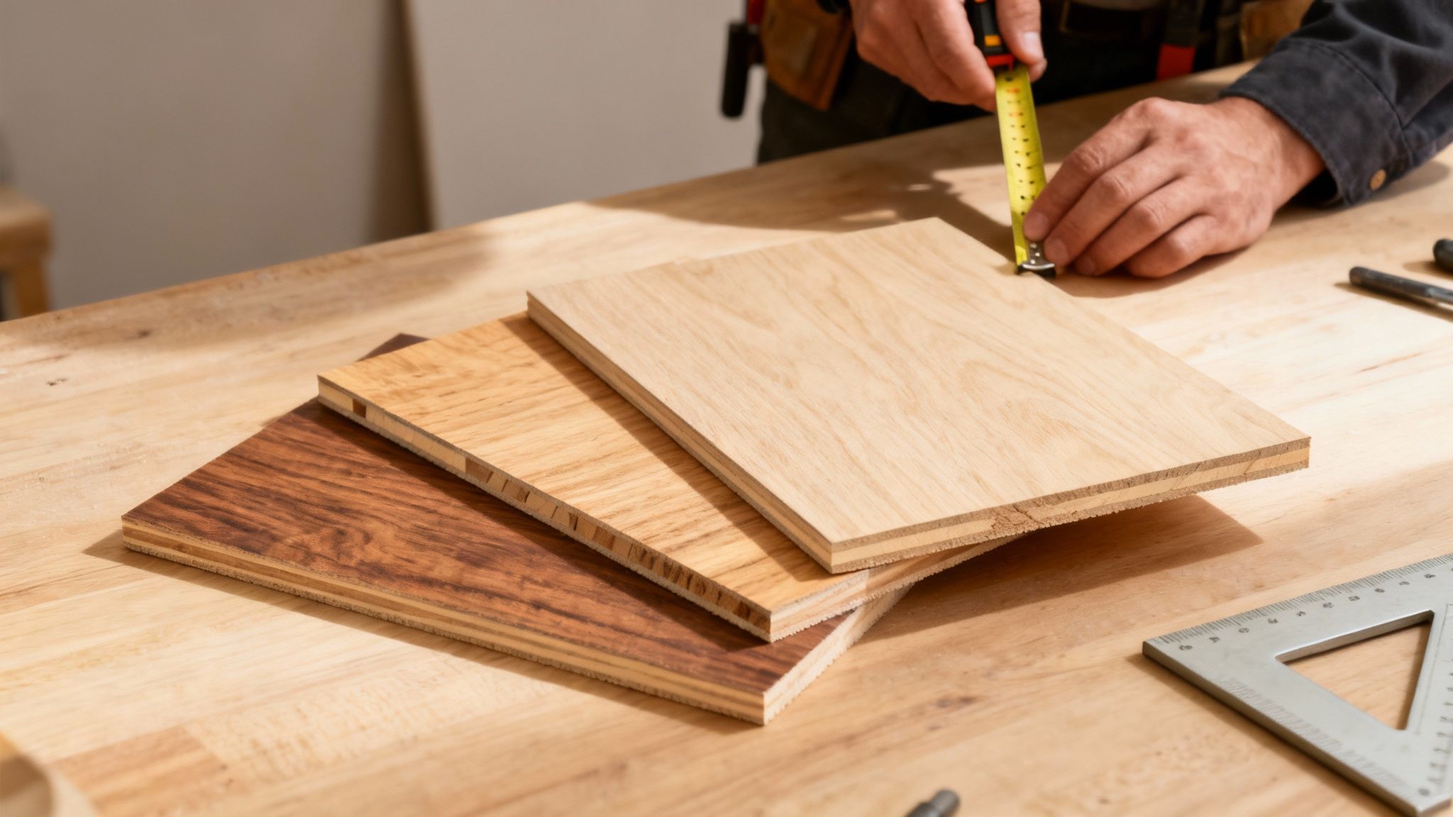 En tømrer måler et stykke krydsfiner med målebånd. Forskellige træprøver ligger på en arbejdsbænk.