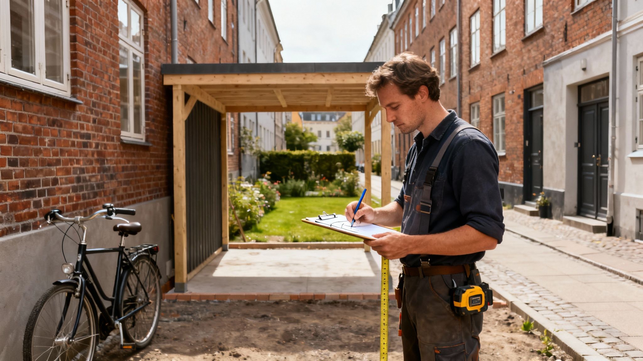 En byggearbejder måler og noterer ved en ny carport i træ på en solrig dag i byen.