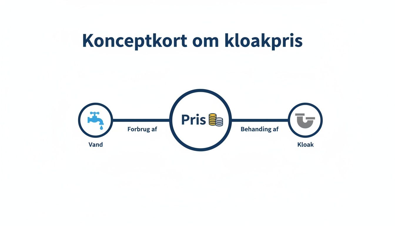 Konceptkort der illustrerer kloakpris, forbrug af vand og behandling af kloak, med centrale elementer i cirkler.