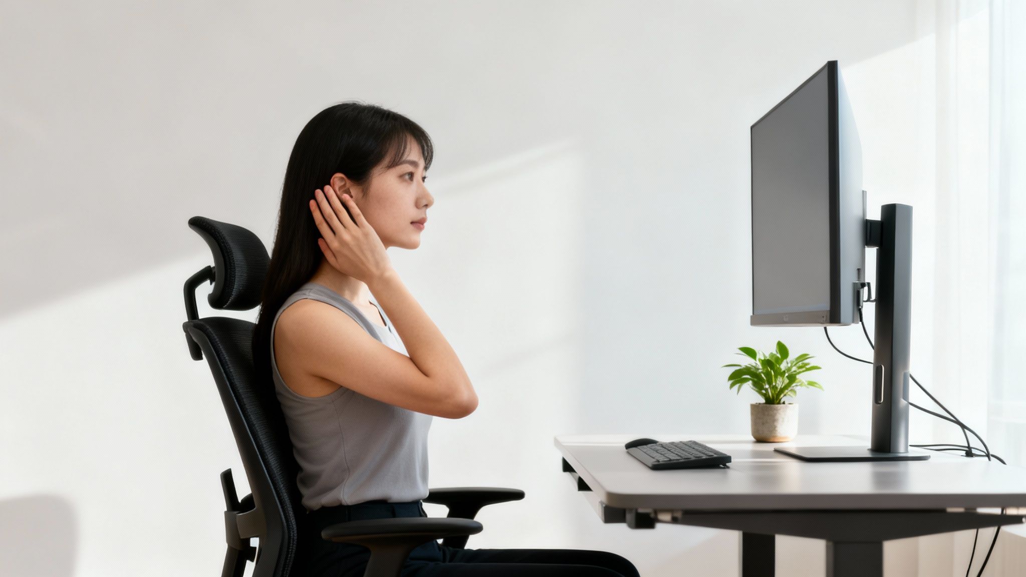 En ung kvinde sidder i en kontorstol ved et skrivebord og rører ved sin hals, som om hun strækker.