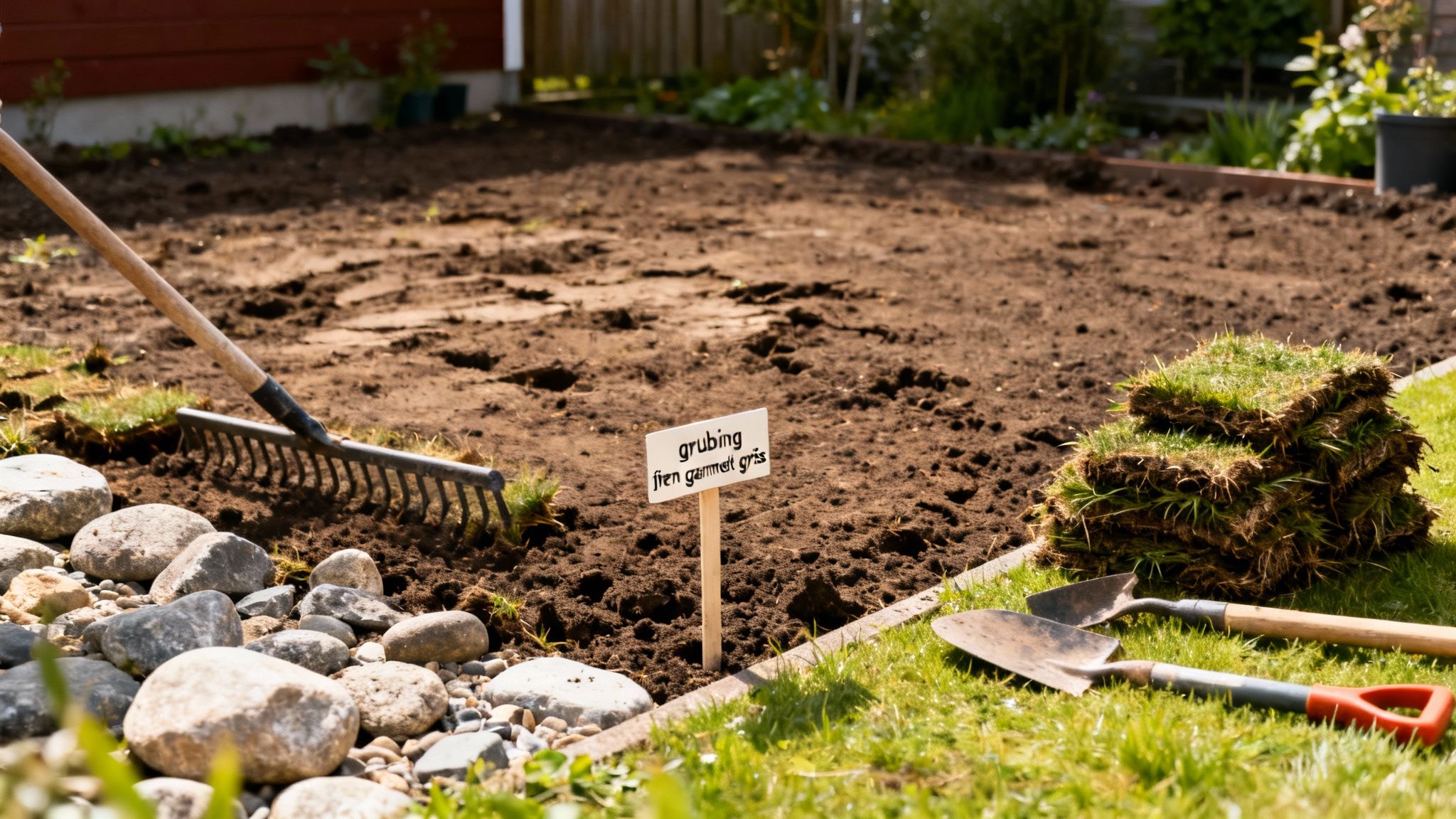 En have, hvor jorden er klargjort til en ny græsplæne, med stablet rullegræs, en rive og skovle.