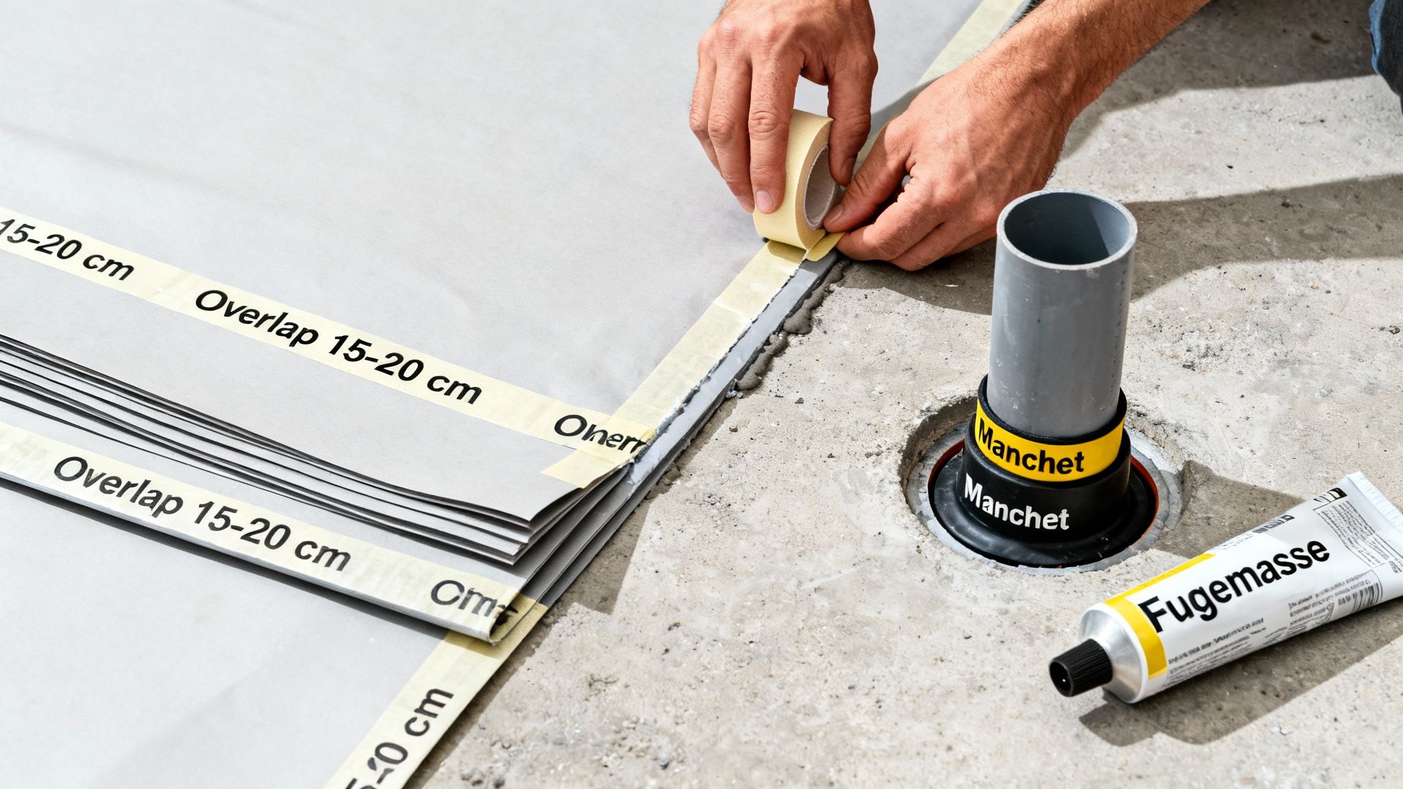 En person monterer dampspærre og tætner samlinger med tape og fugemasse omkring et afløb.