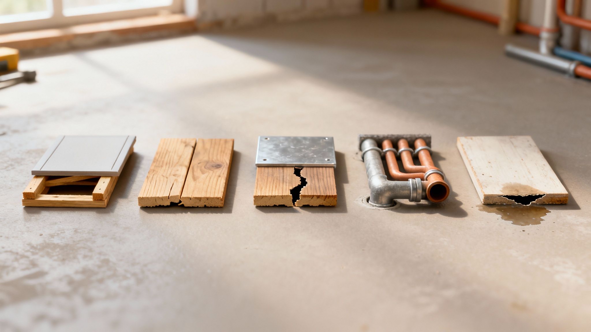 Forskellige gulvmaterialer som træ, metal, gulvvarmerør og vandskadet plade på et betongulv.