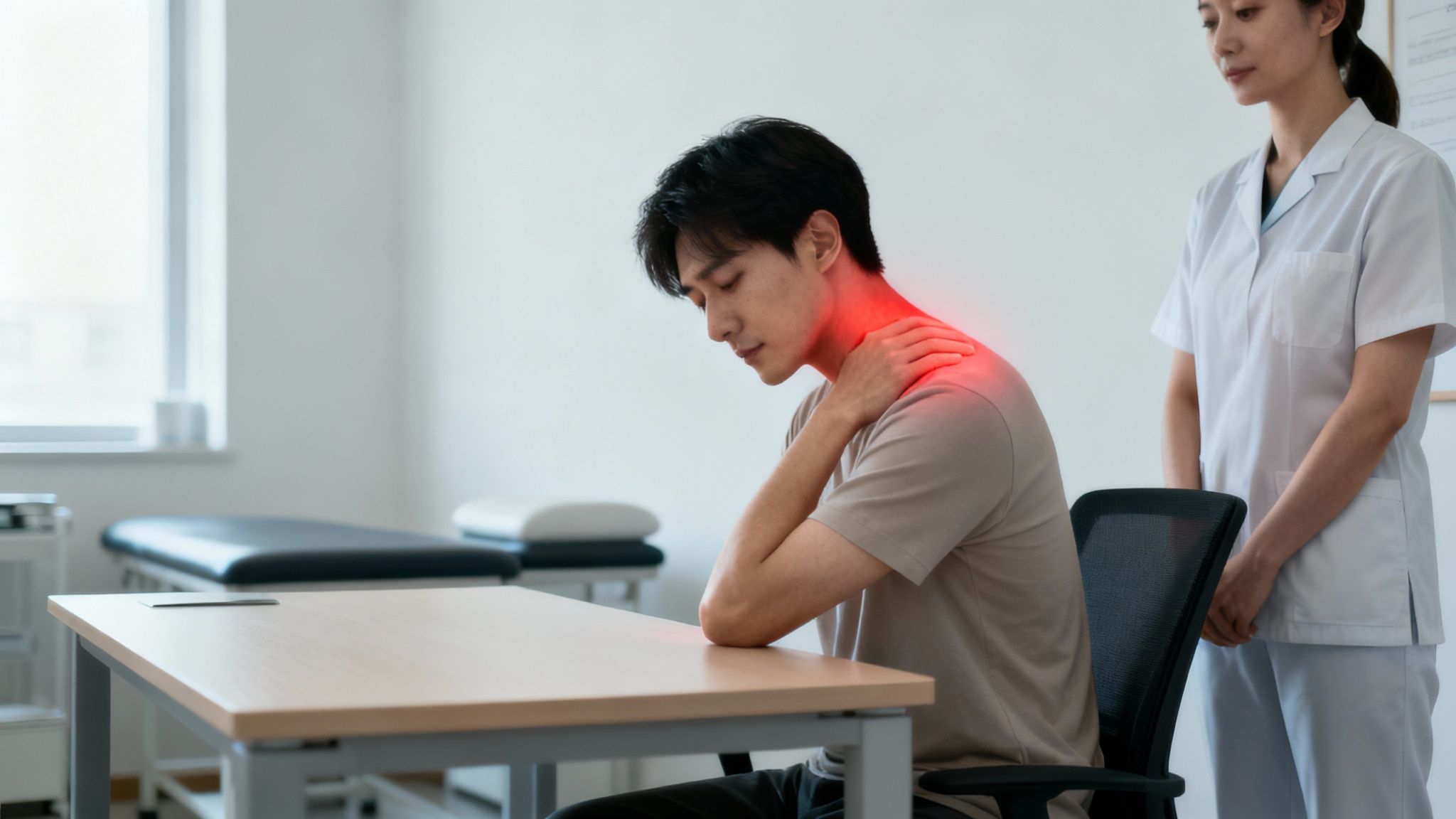 Mand med ondt i nakke og skulder på klinik, med en sundhedspersonale i nærheden.