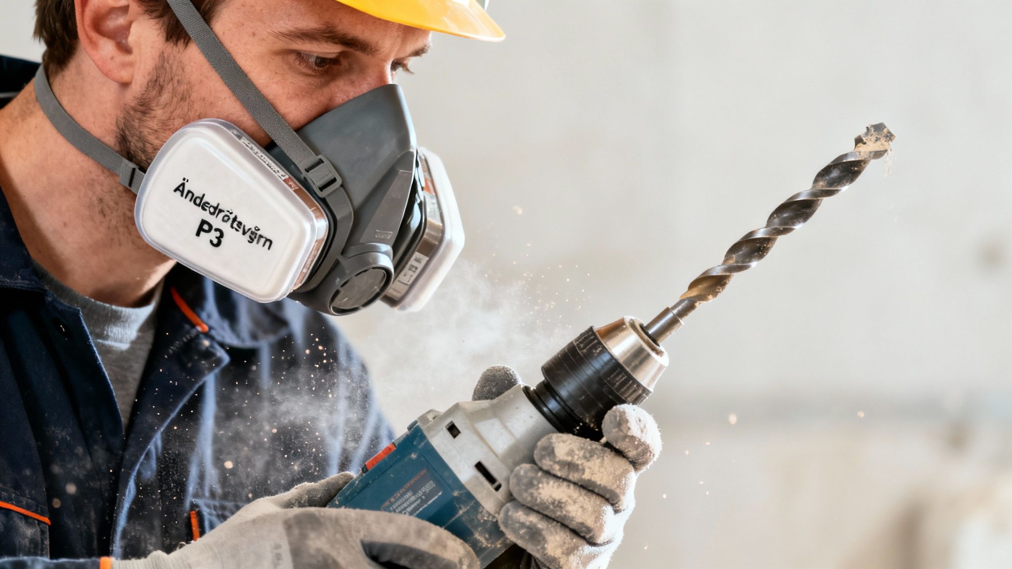 En bygningsarbejder med åndedrætsværn og hjelm borer i en væg, med støv flyvende i luften.