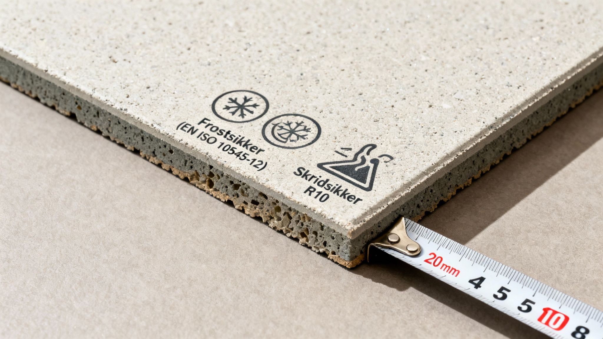 Nærbillede af flise med to lag, der viser frostsikkerhed, skridsikkerhed (R10) og en tykkelse på 20mm.