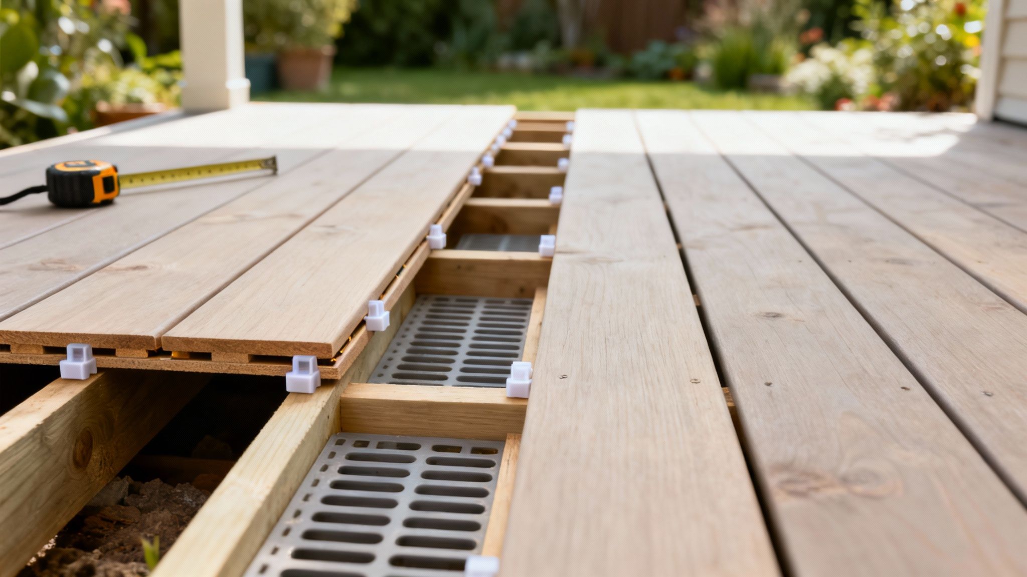 Nærbillede af træplanker til terrasse under installation, med målebånd og synlig underkonstruktion i en have.
