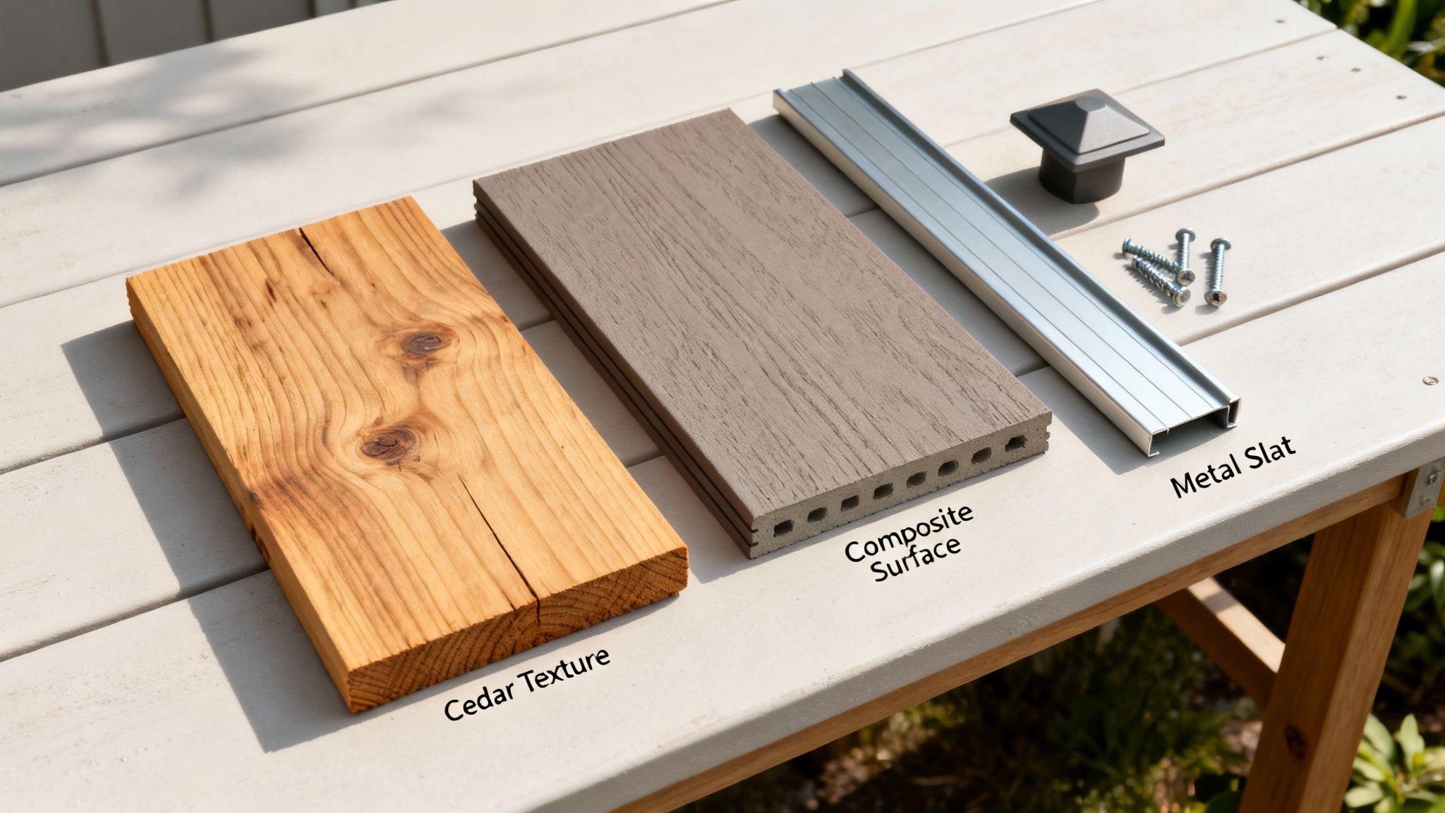 Eksempler på hegnmaterialer: cedertræ, kompositbræt, metalskinne og tilbehør vist på et bord.