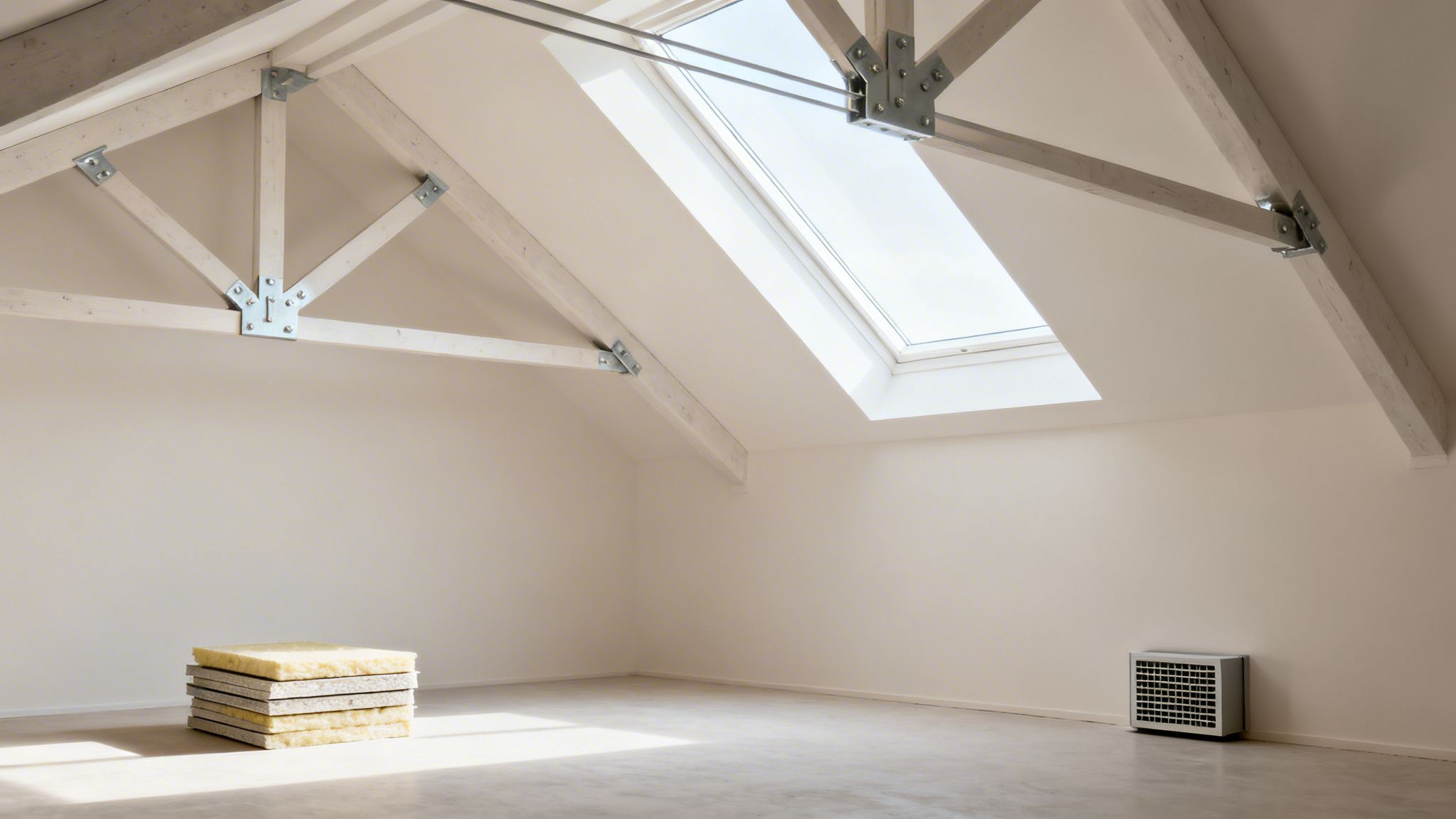 Et lyst loftrum med synlige træspær, et tagvindue og isoleringsmaterialer på gulvet.