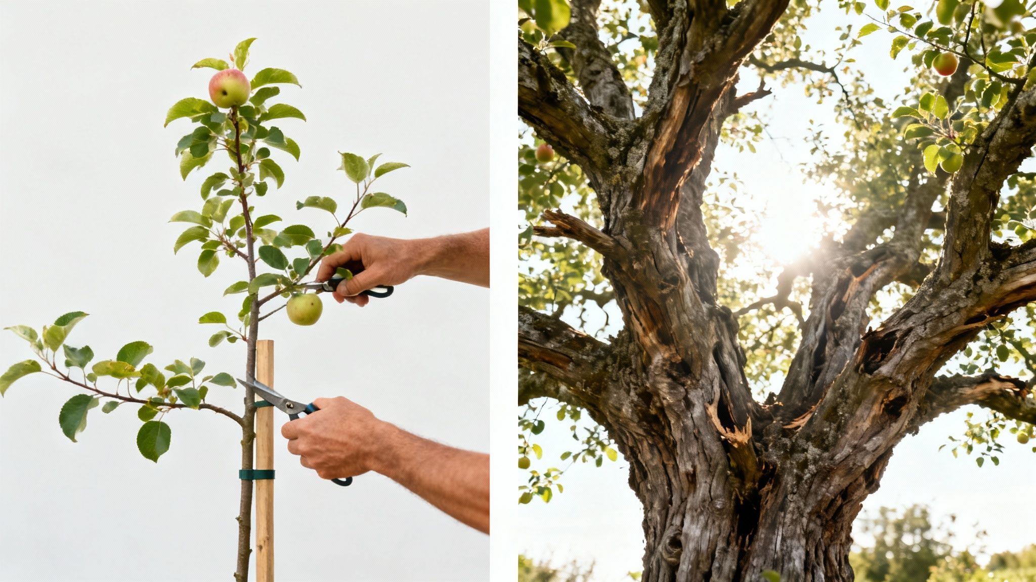 En person beskærer et gammelt æbletræ for at forynge det og forbedre frugtproduktionen.