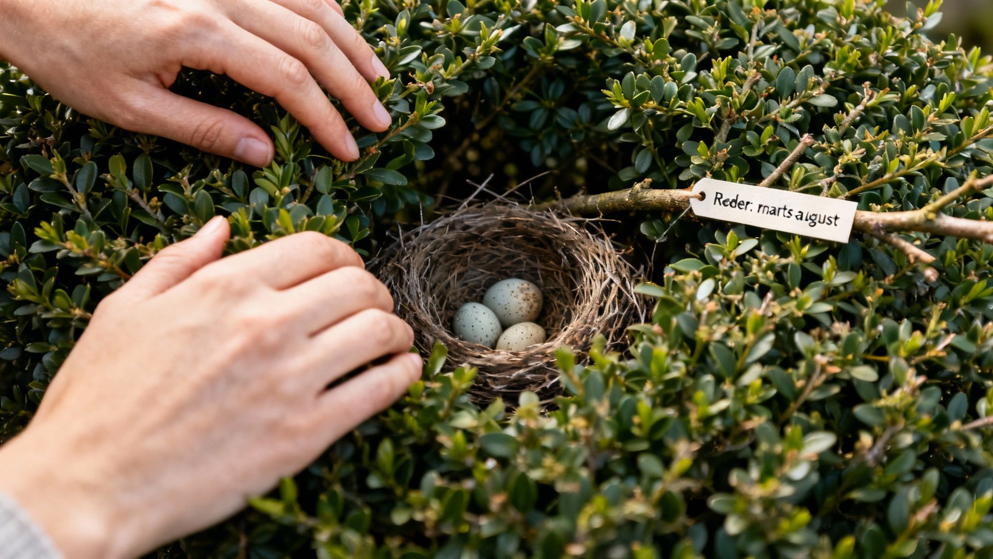 Hænder omkring en fuglerede med æg i en grøn busk med et informationsskilt.