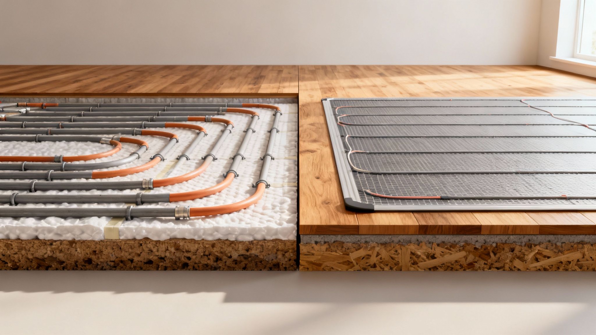 En person holder et tværsnit af et gulv, der viser gulvvarmeslanger.