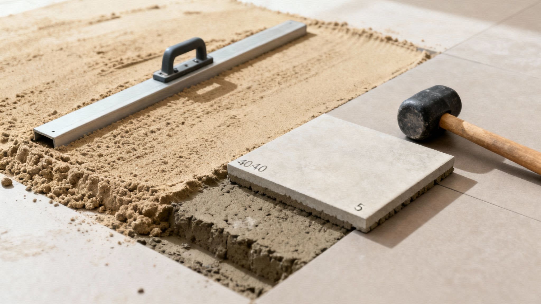 En brolægger lægger 40x40x5 fliser præcist ved hjælp af rettesnore og et vaterpas