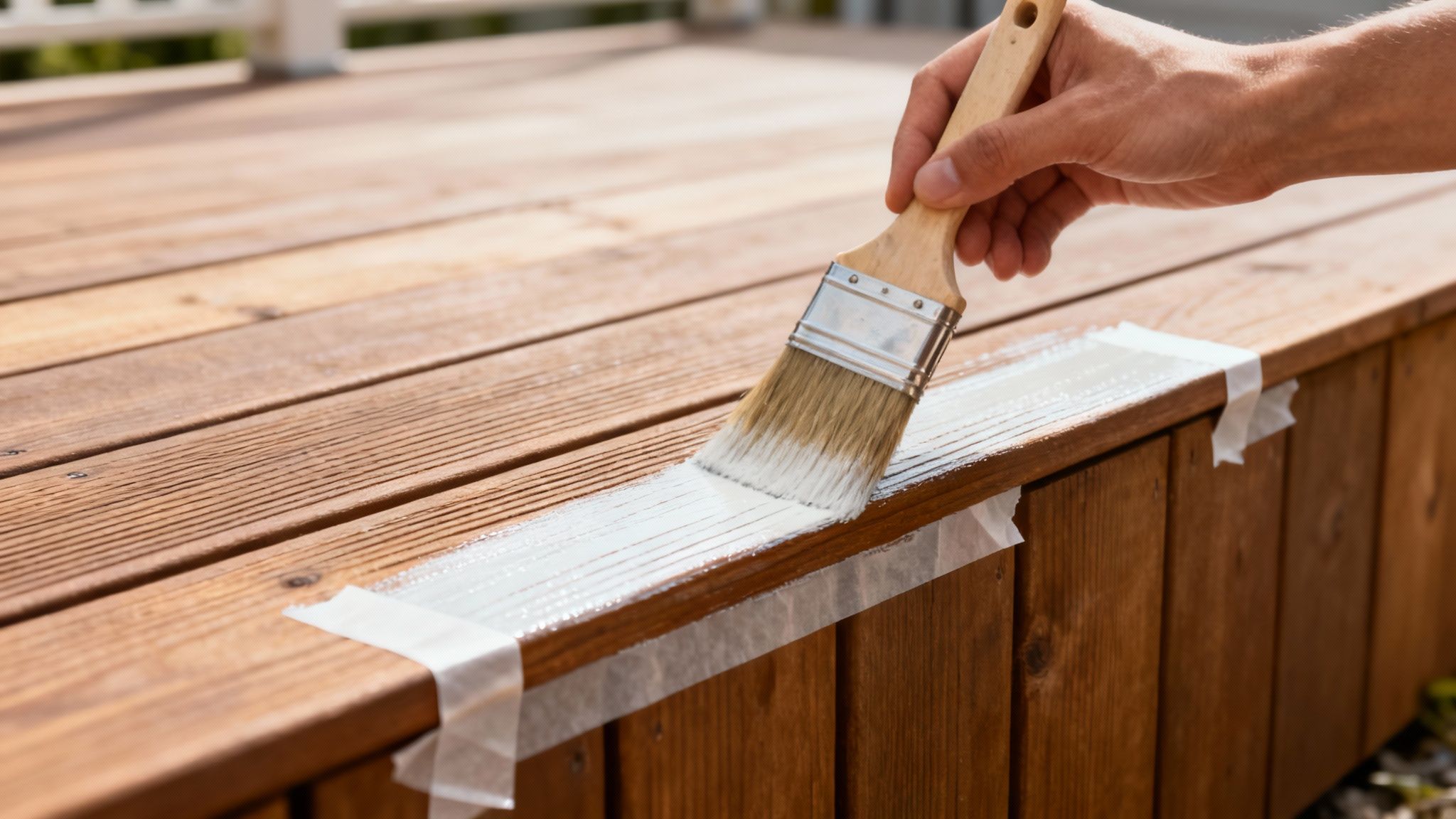 En hånd maler en træterrasse hvid med en pensel, mens maskeringstape beskytter kanten.