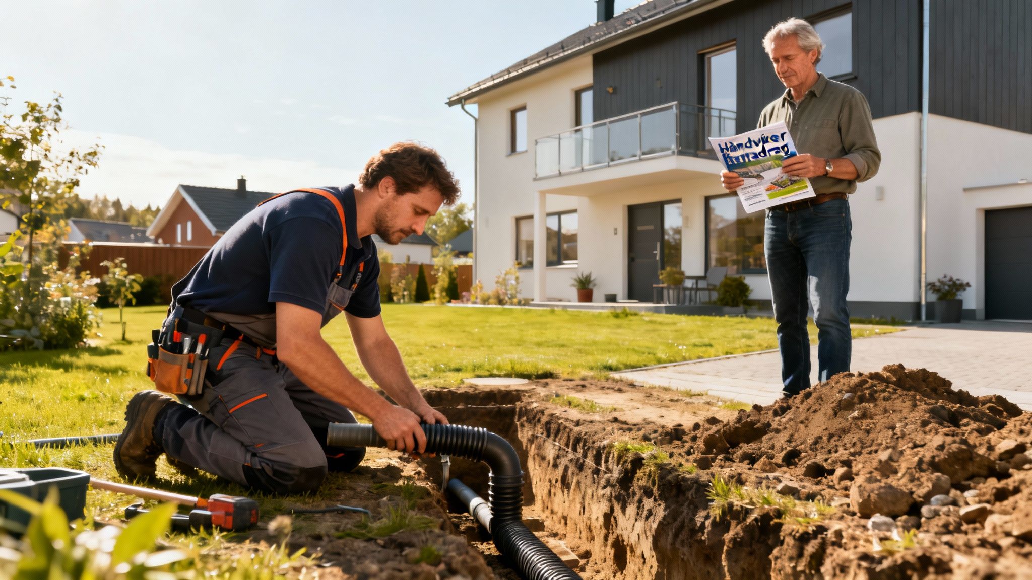 En kloakmester i gang med at installere nye rør i en udgravning ved et hus