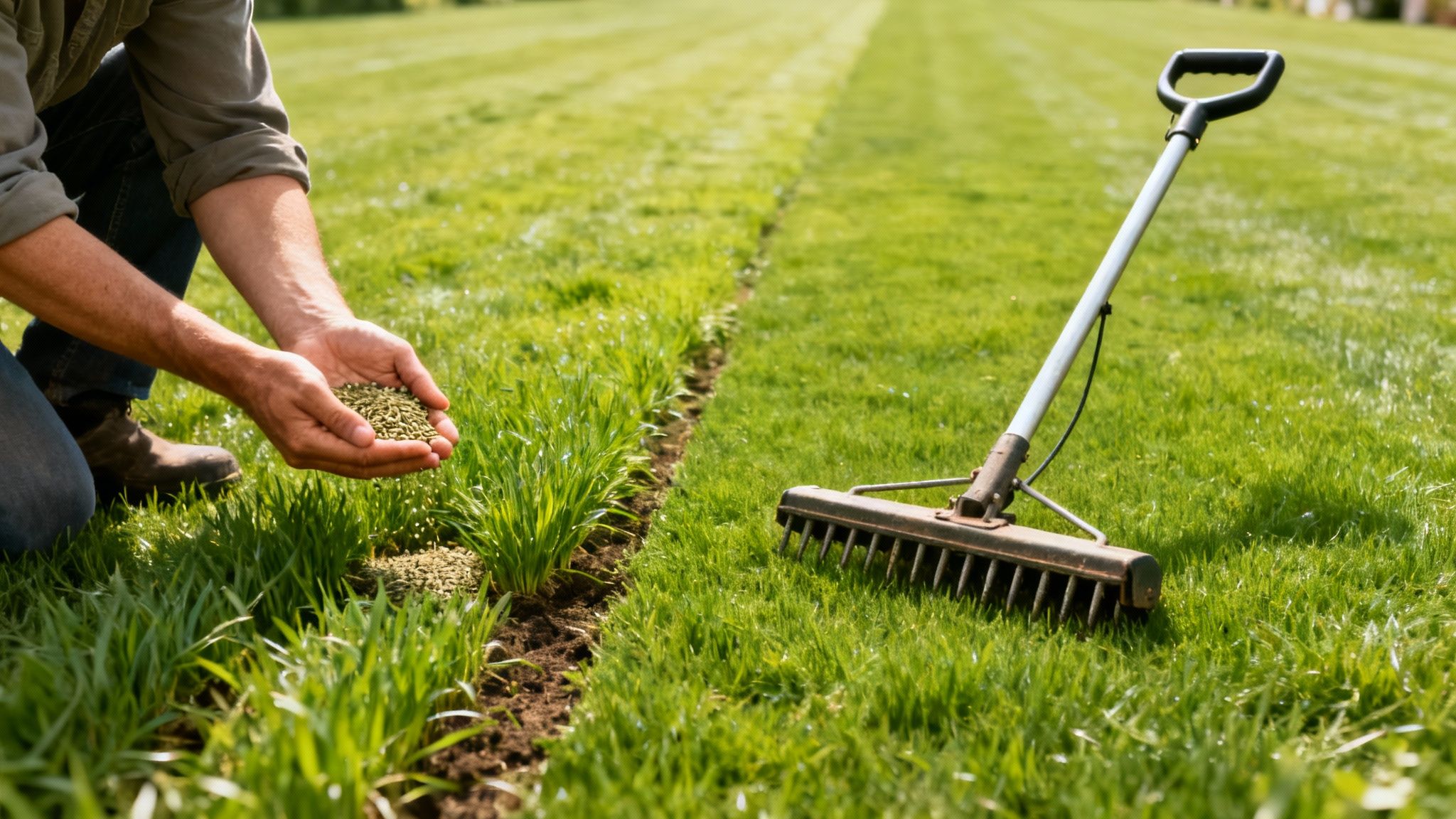Hånden spreder frø på bar jord mellem grønne græsplæner med harve i baggrunden