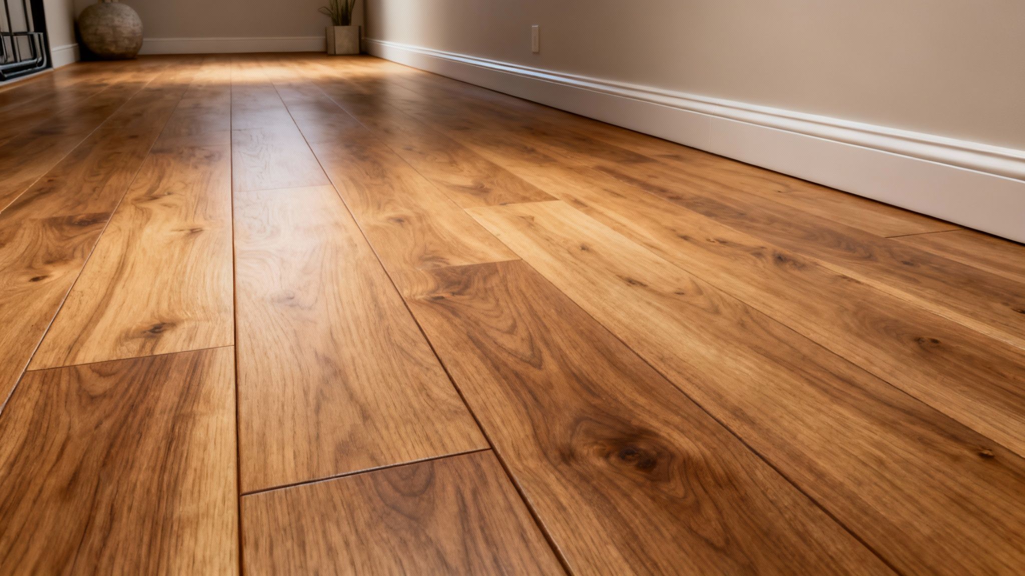 Et nærbillede af et smukt trægulv med naturlig belysning, hvide fodlister og et varmt udtryk.