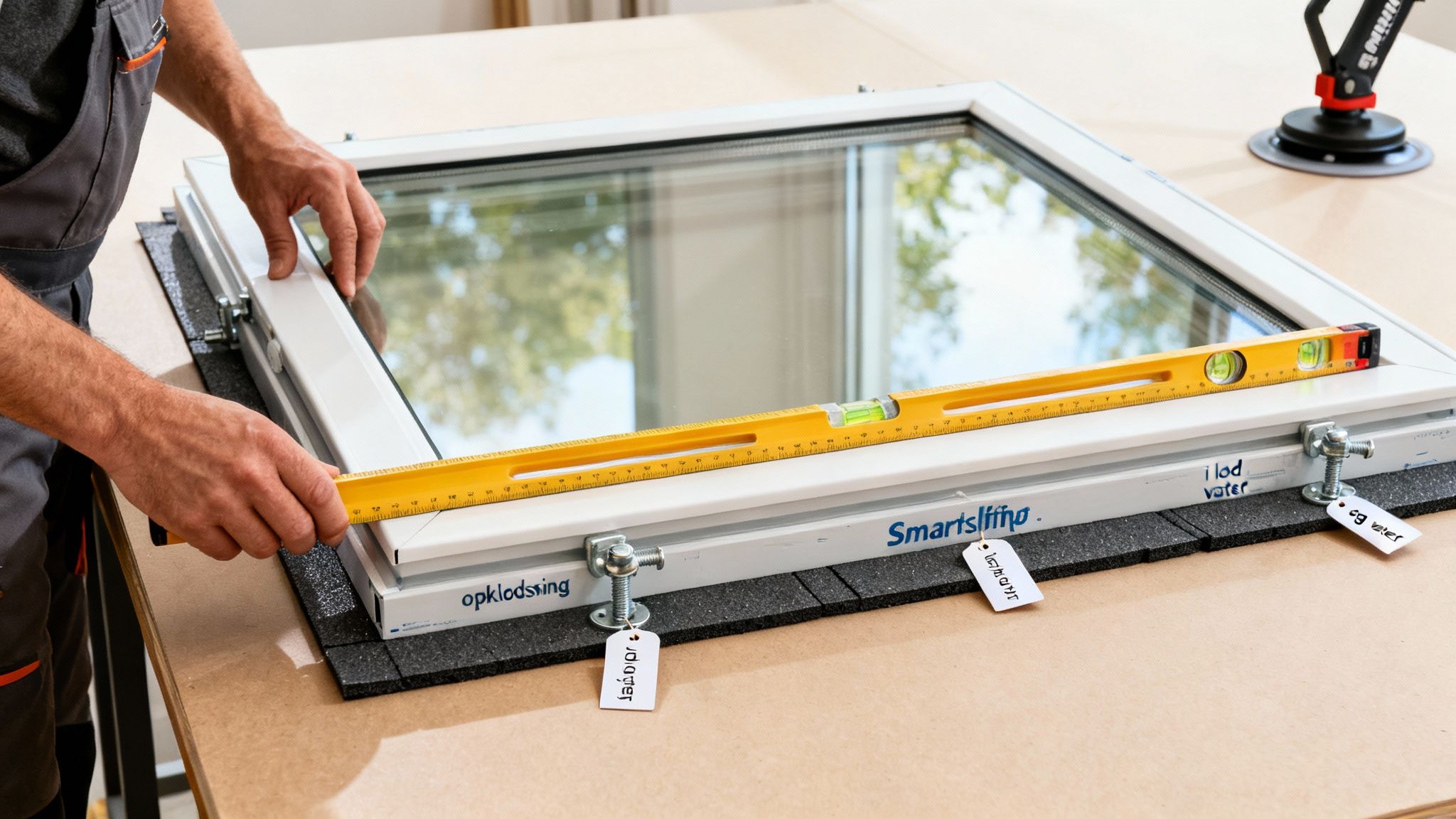 Hænder kontrollerer niveauet af et nyt vindue med et gult vaterpas under montering.