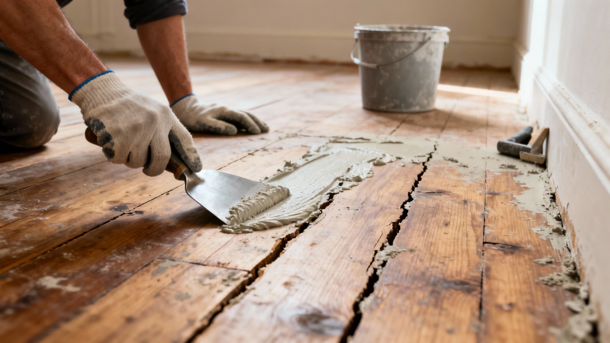 En person iført handsker påfører spartelmasse på et gammelt trægulv med revner og sprækker.