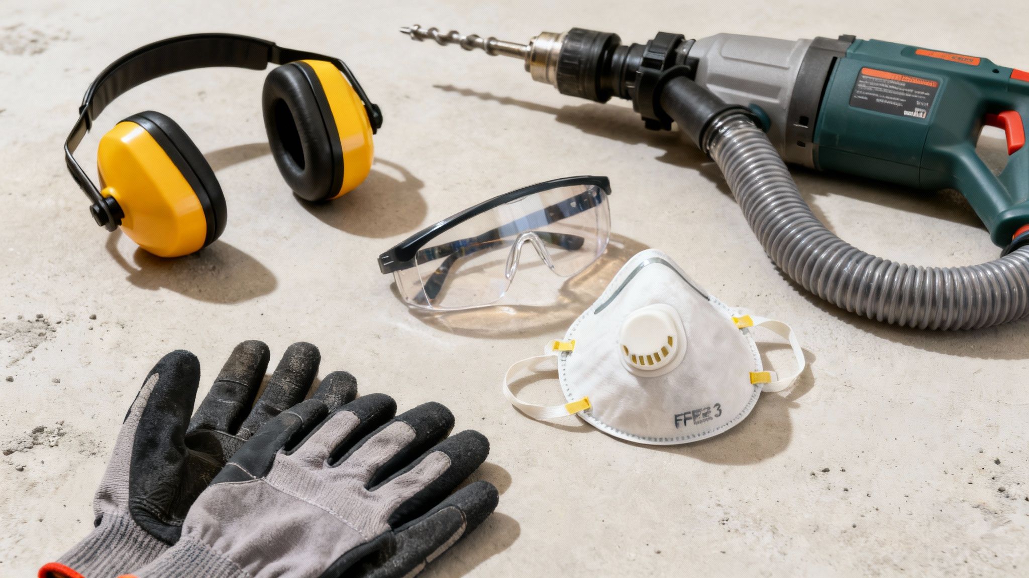 Sikkerhedsudstyr til byggearbejde: høreværn, briller, maske, handsker og boremaskine med støvopsamler på beton.