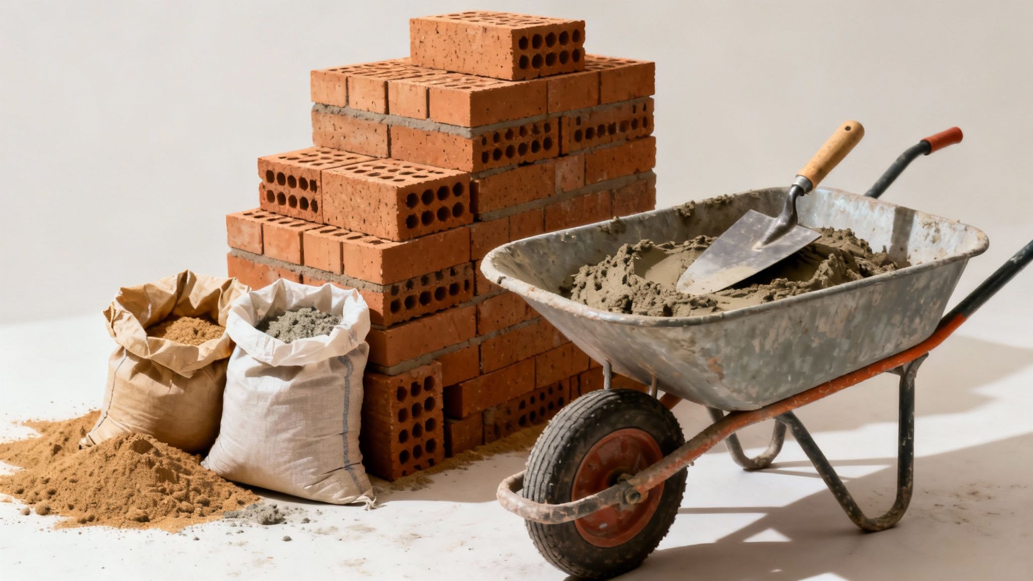 Byggematerialer, herunder stablede mursten, sække med sand og mørtel, samt en trillebør med mørtel og murske.