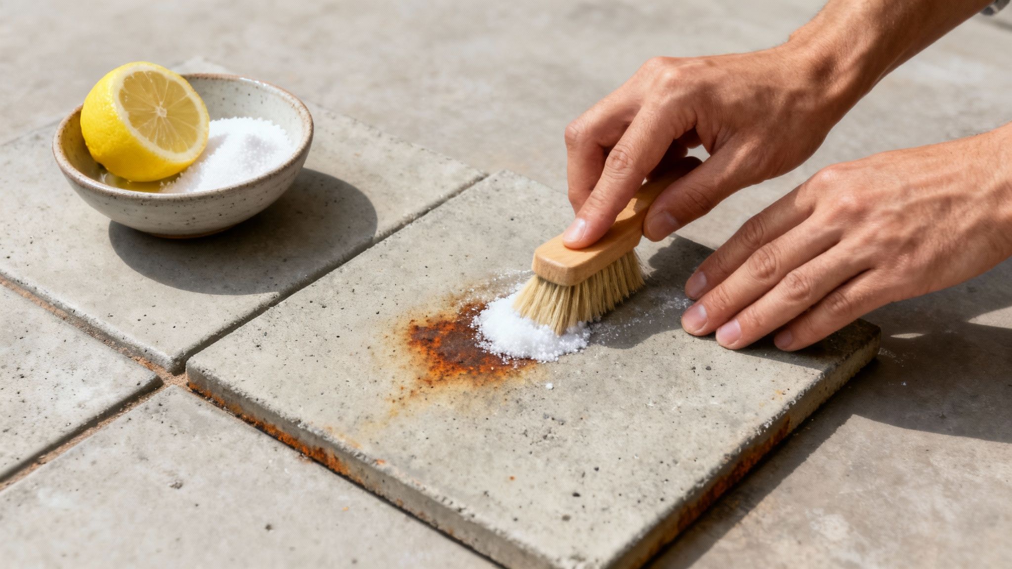 En person bruger simple husråd til at rense en rustplet på en flise.