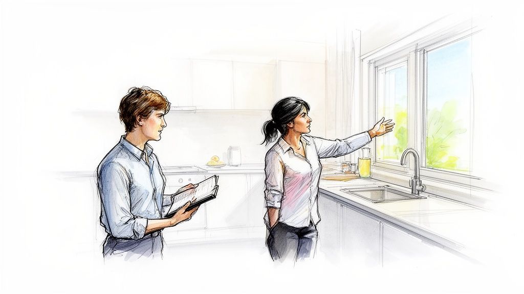 To personer i et køkken; en kvinde peger mod vinduet, mens en mand med notesbog kigger på hende.