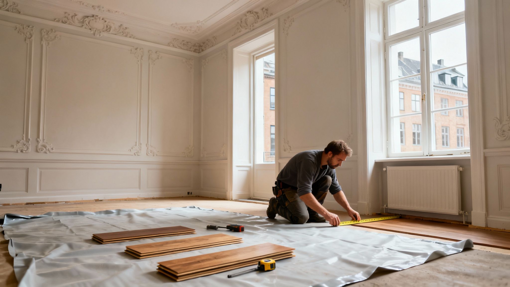 En mand knæler og måler op til installation af nyt trægulv i en elegant lejlighed.