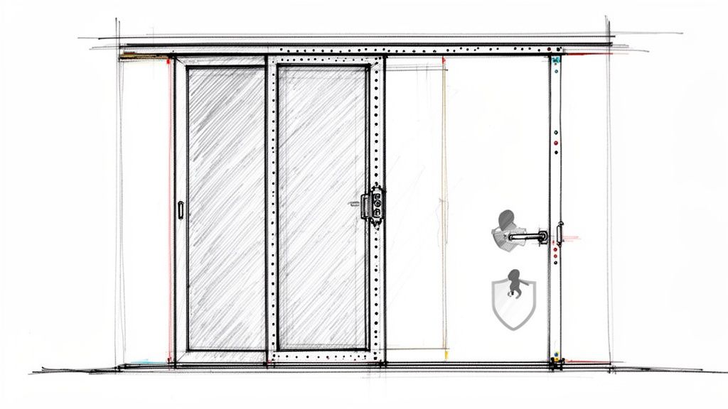 Teknisk skitse af et to-panels skydedørsystem i glas med håndtag og spordetaljer.