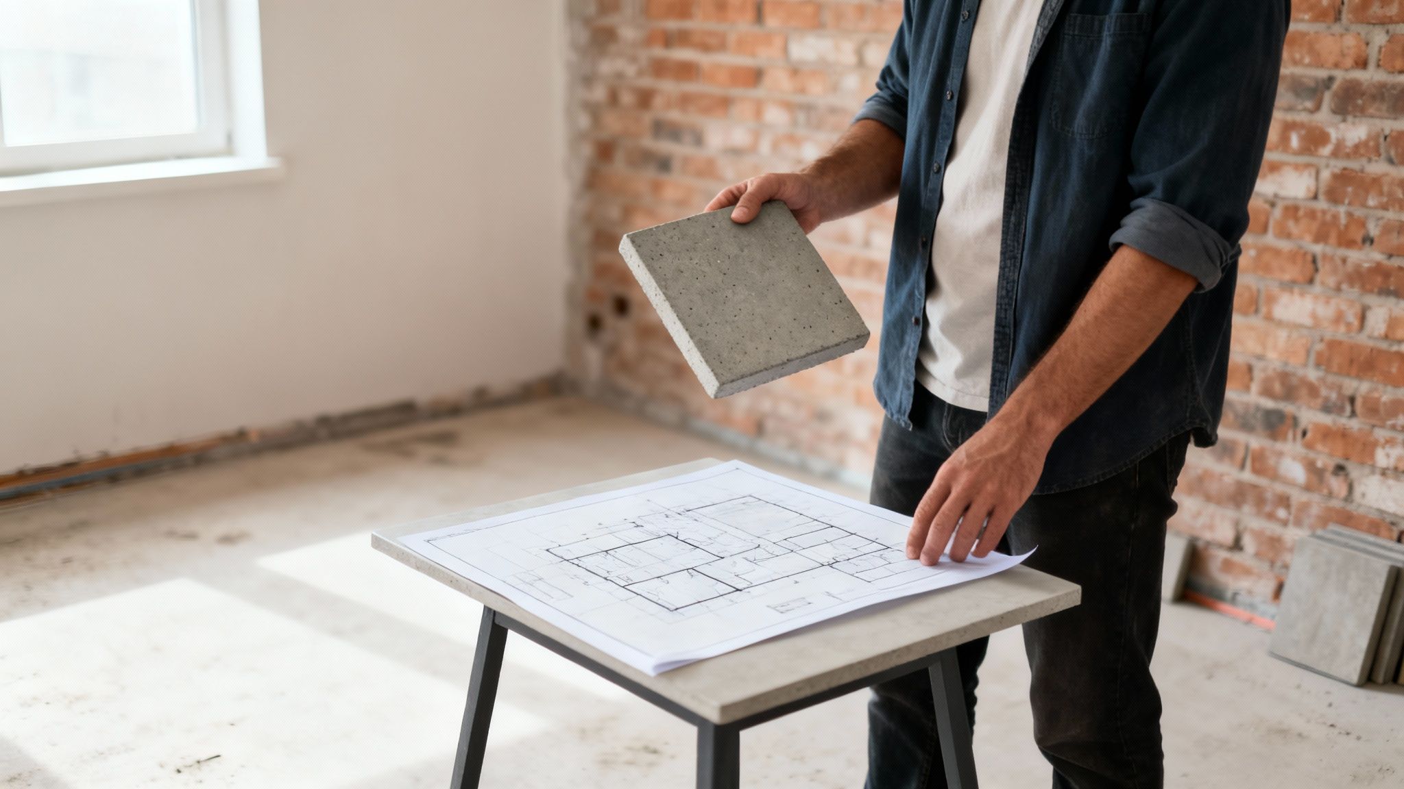 En person holder en betonflise og kigger på en plantegning på et bord i et rum under renovering.