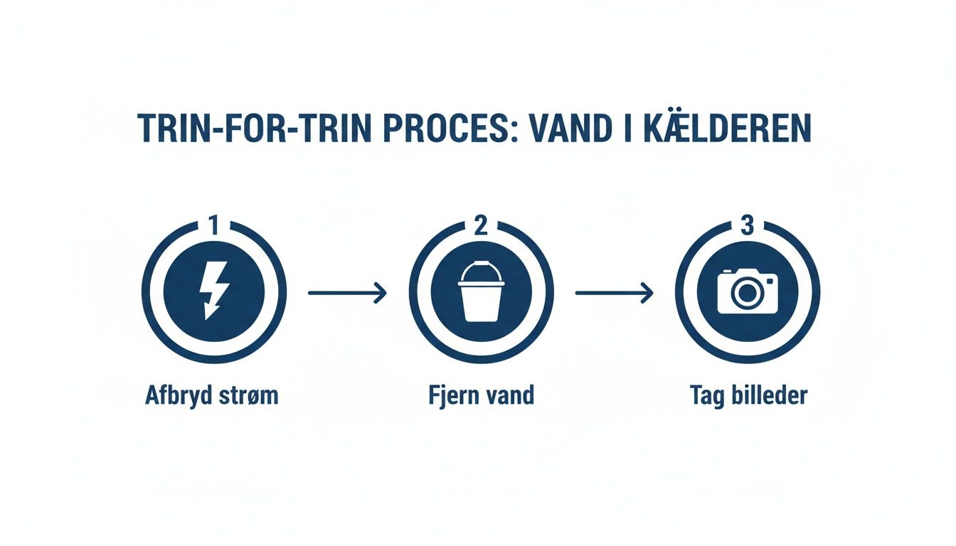 Trin-for-trin guide til håndtering af vand i kælderen: afbryd strøm, fjern vand, tag billeder.