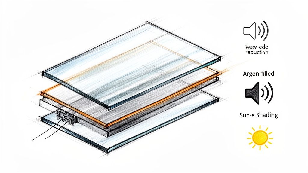 Detaljeret diagram af termoruders lag: glas, argonfyld og solafskærmning for lydreduktion.
