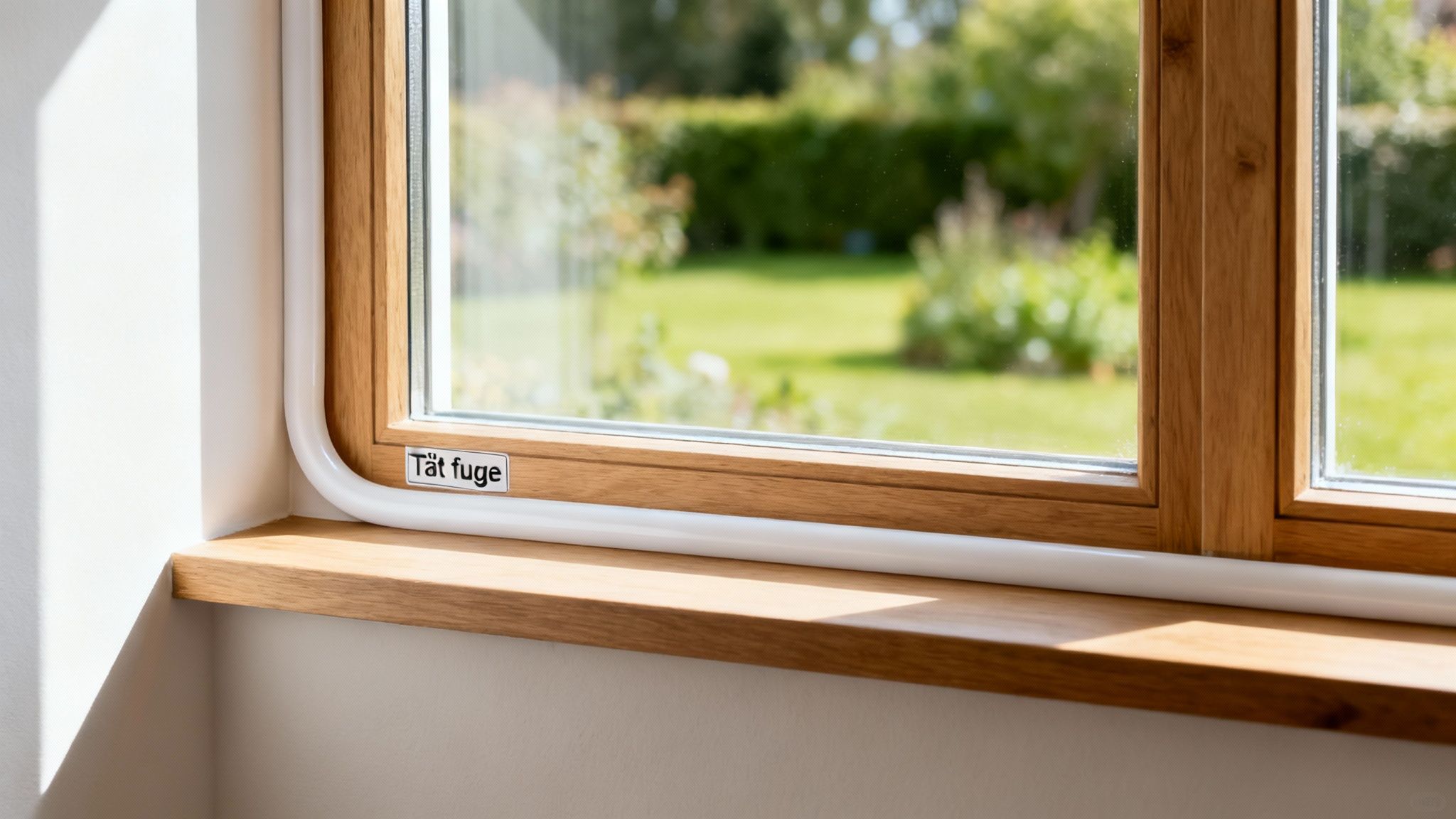 Et vindue med træramme og en hvid tætningsfuge mod en solrig have.