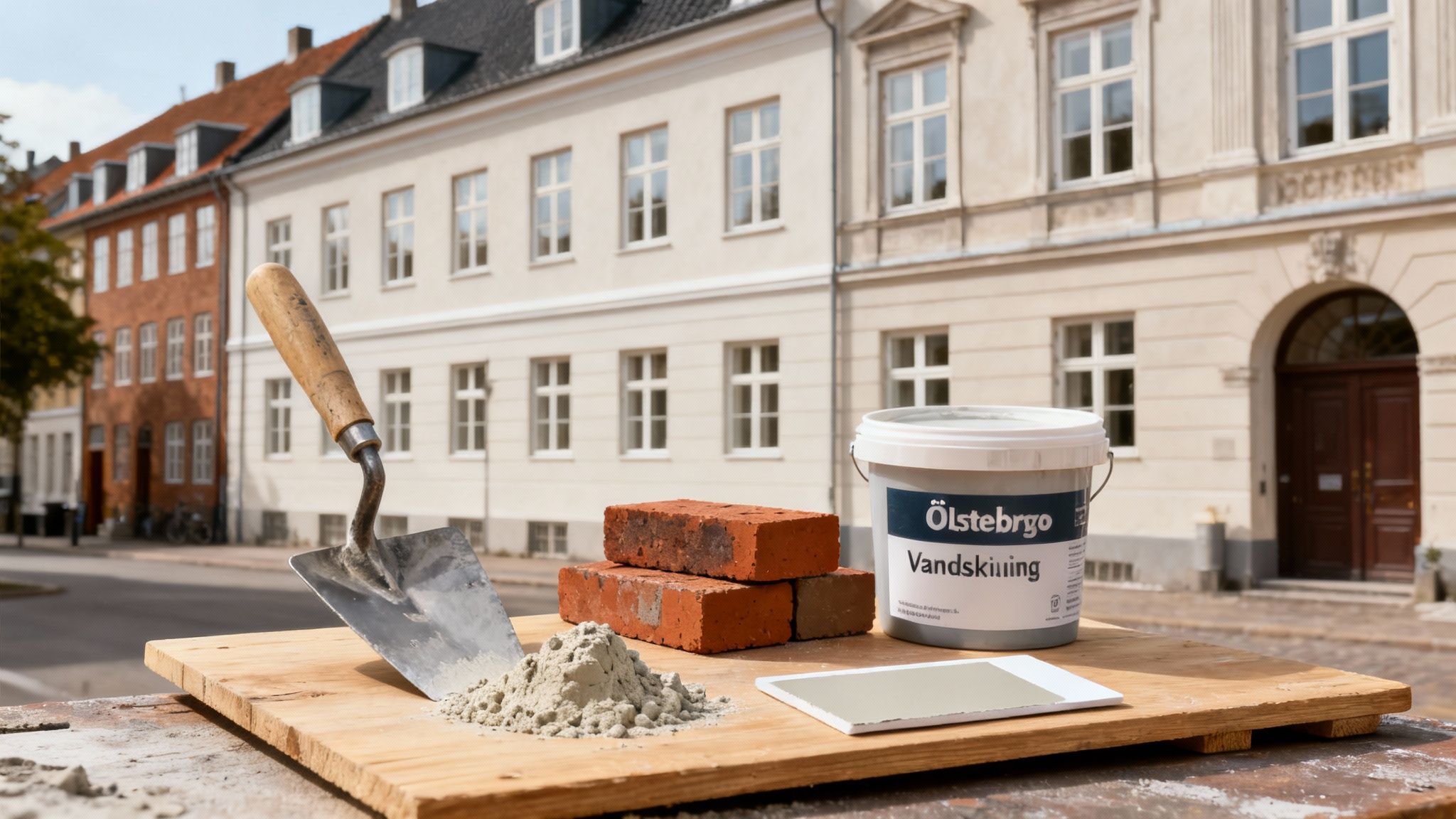 Værktøj og materialer til facaderenovering: murske, mursten, mørtel og spand med vandskuring på en træplade.
