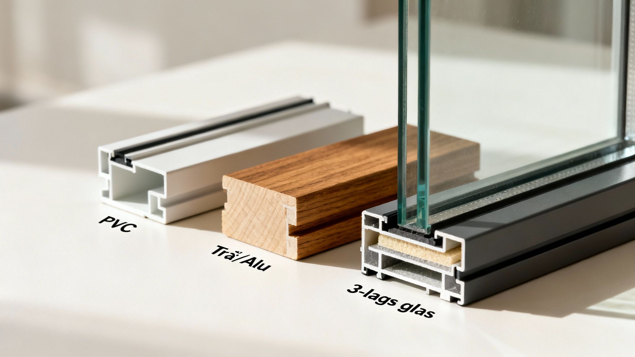 Forskellige vinduesrammematerialer (PVC, træ/alu) og et detaljeret tværsnit af et trelagsglasvindue.