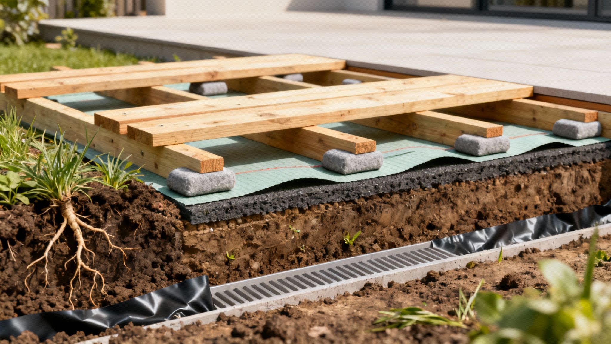 En tømrer justerer en strø på et fundament med ukrudtsdug.