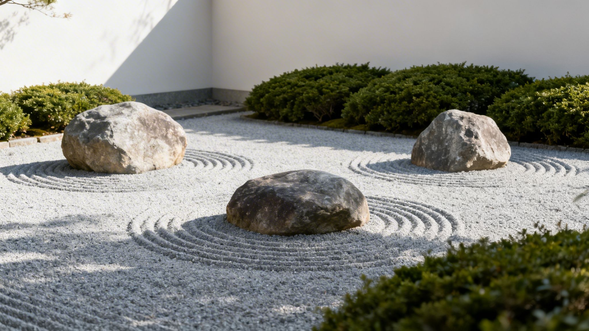 Et japansk zen-have med tre store sten på hvidt, revet grus, omgivet af grønne buske.