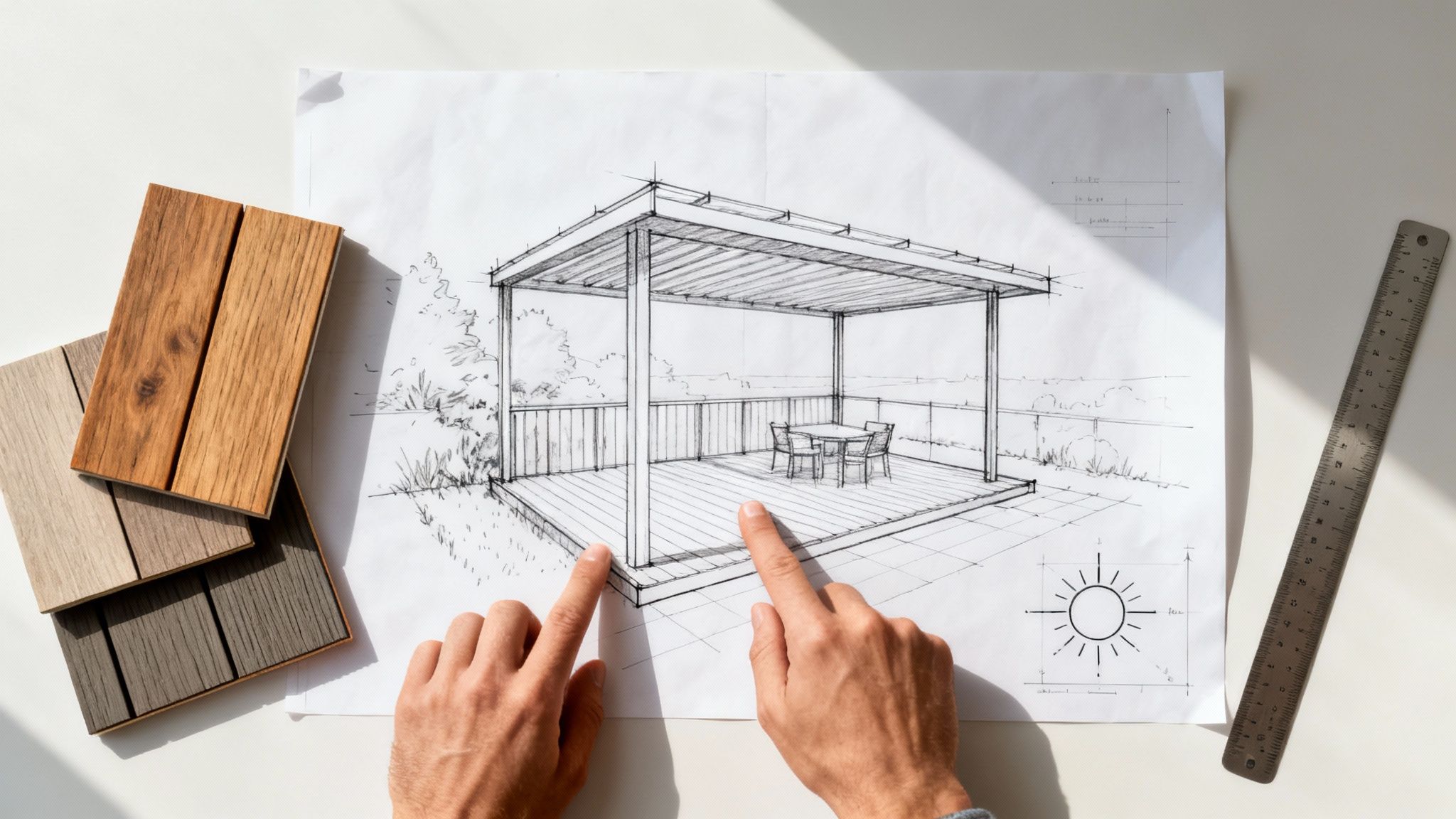 Hænder peger på skitse af overdækket terrasse med træprøver og lineal på et bord.