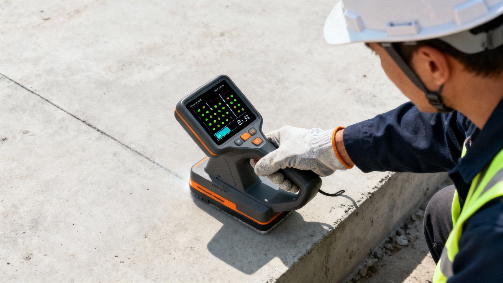 En ingeniør bruger en betonskanner til at inspicere armering i et betondæk.