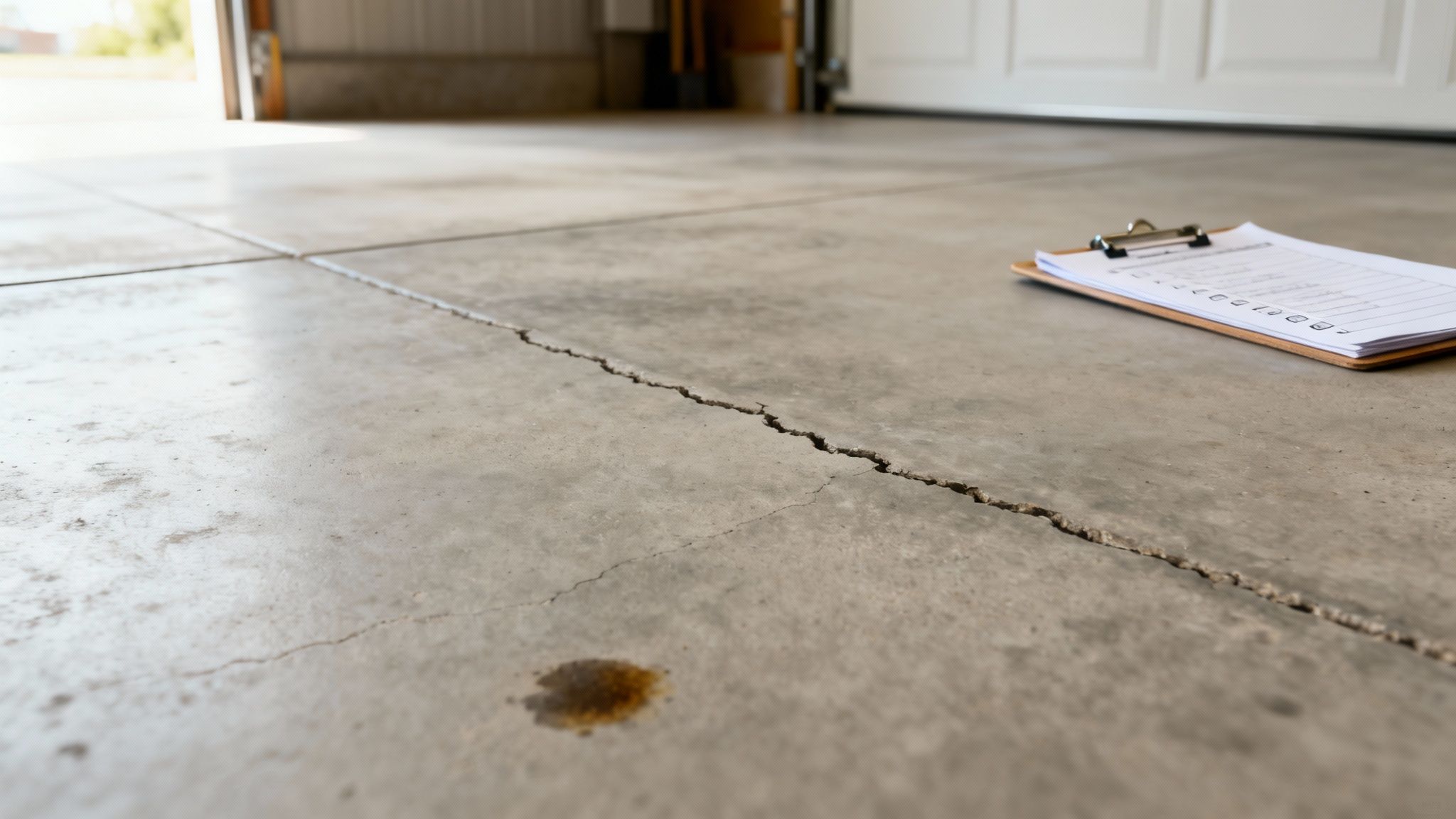 Et tæt billede af et revnet betongulv i en garage, der viser en olieplet og et clipboard. Indikerer behov for gulvreparation eller maling.