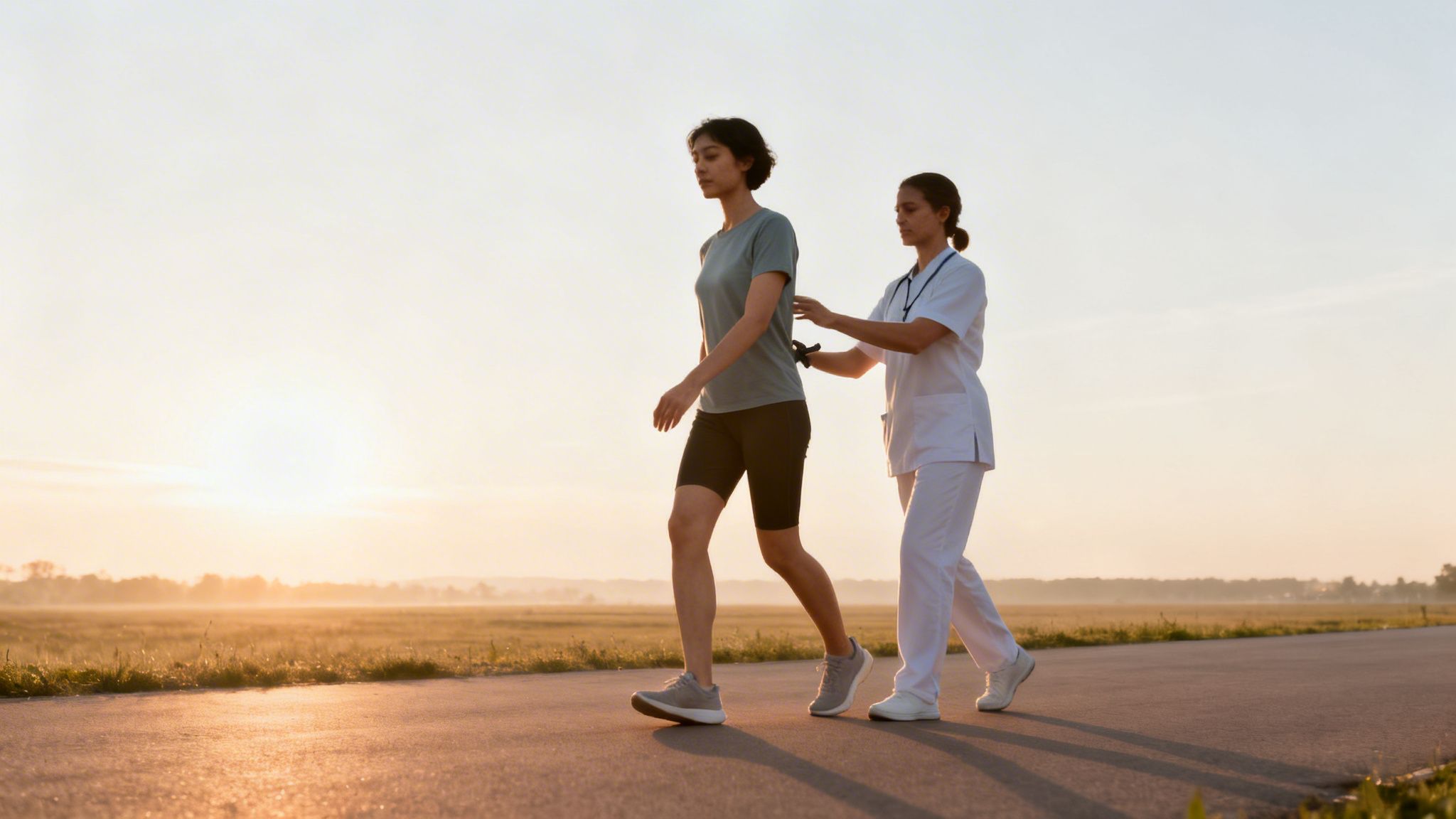 En kvindelig patient i genoptræning går udendørs assisteret af en fysioterapeut ved solopgang.
