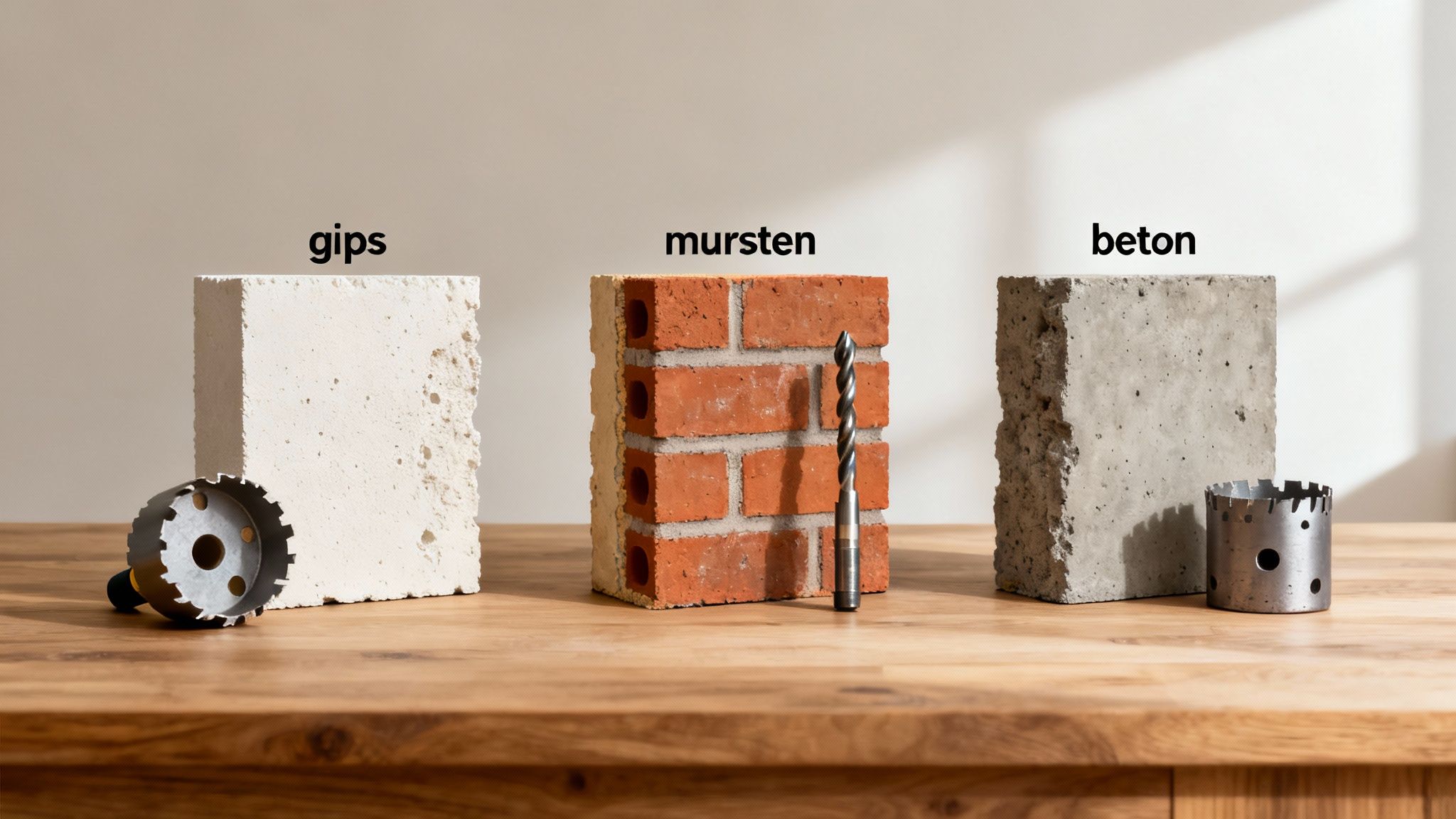 Forskellige byggematerialer som gips, mursten og beton med passende boreværktøj vist på et træbord.