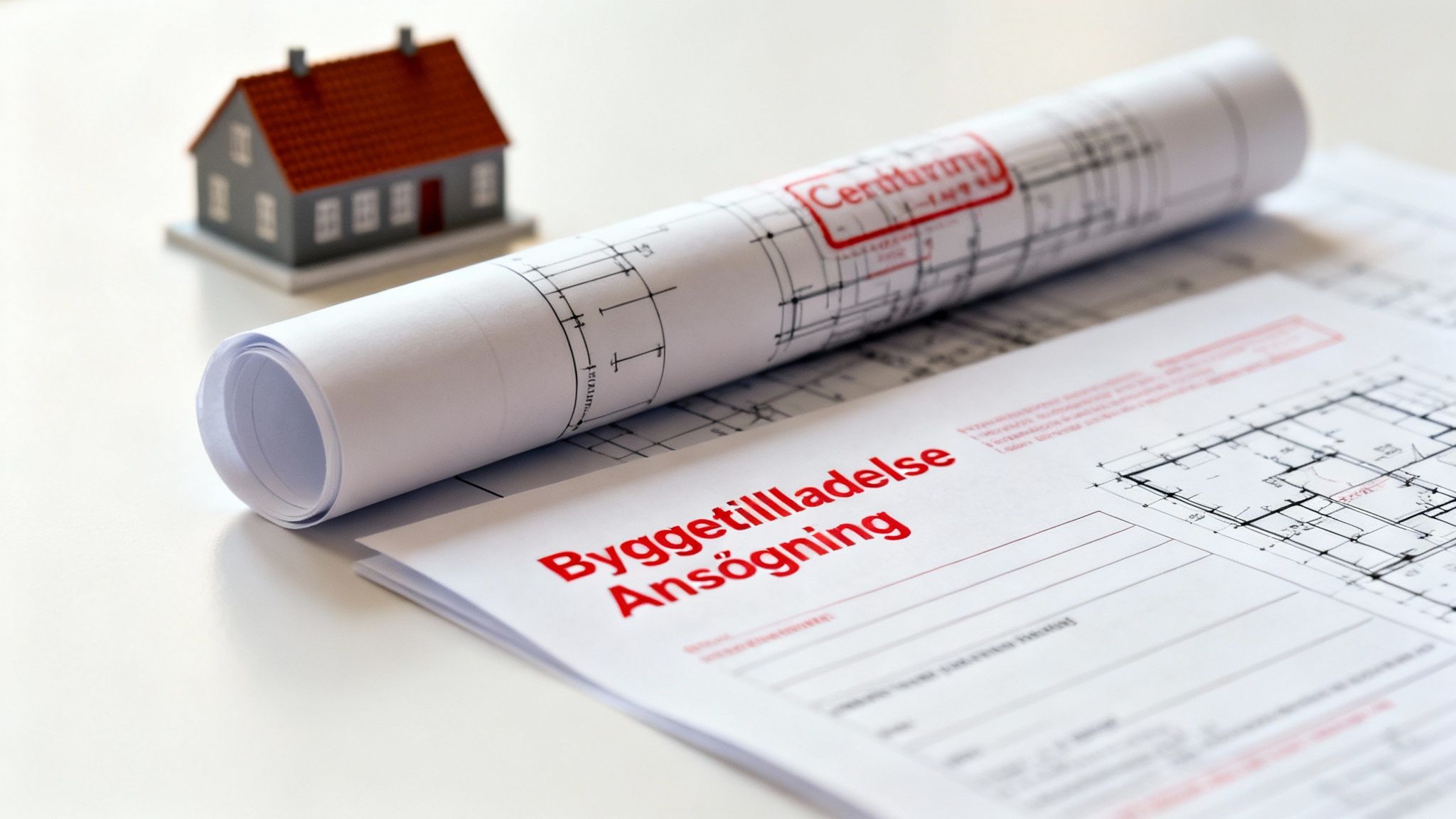 Et modelhus ved siden af rullede byggeplaner og en ansøgning om byggetilladelse.