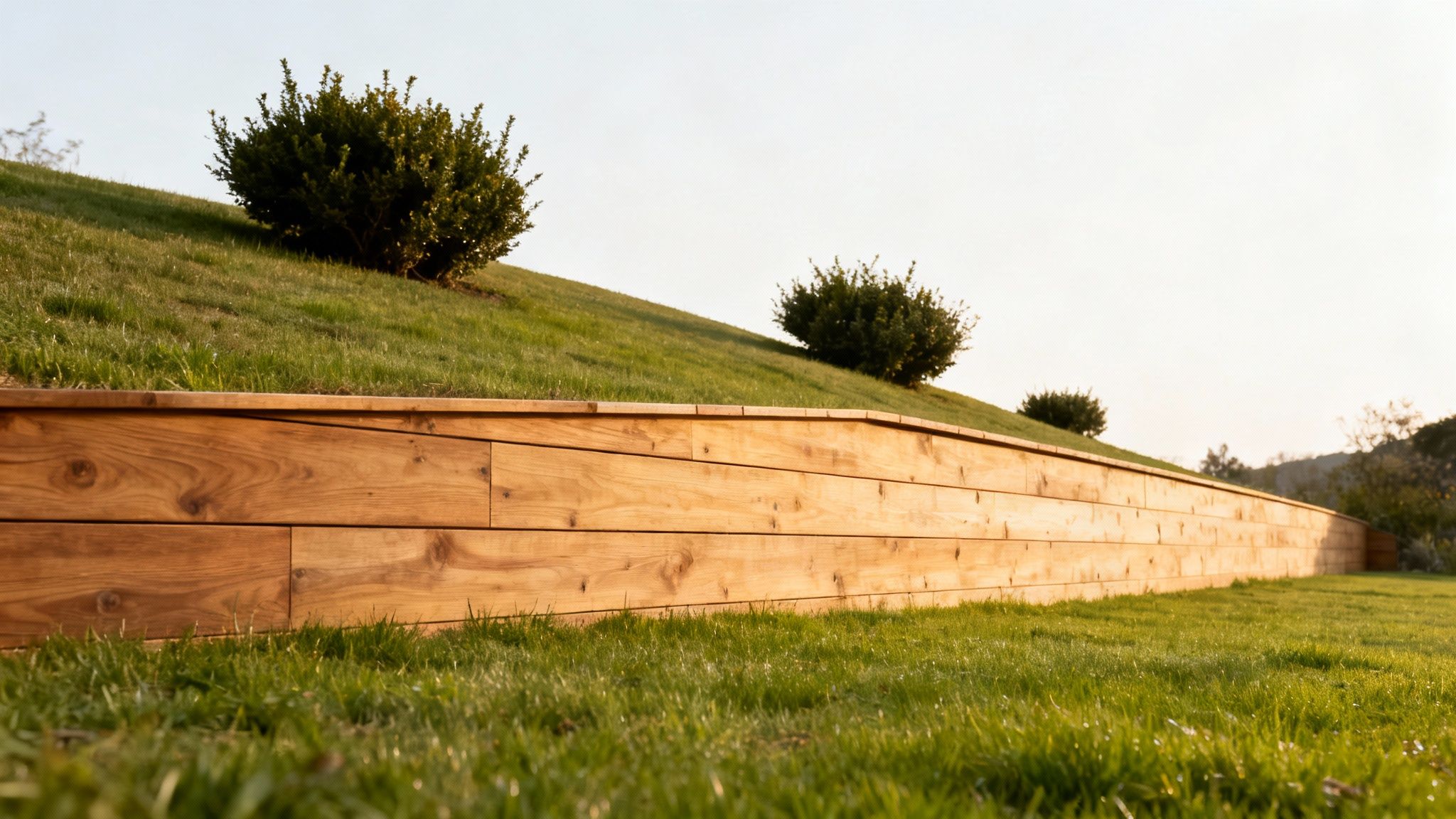 En smuk træstøttemur adskiller en velplejet græsplæne fra en græsklædt skråning med buske.